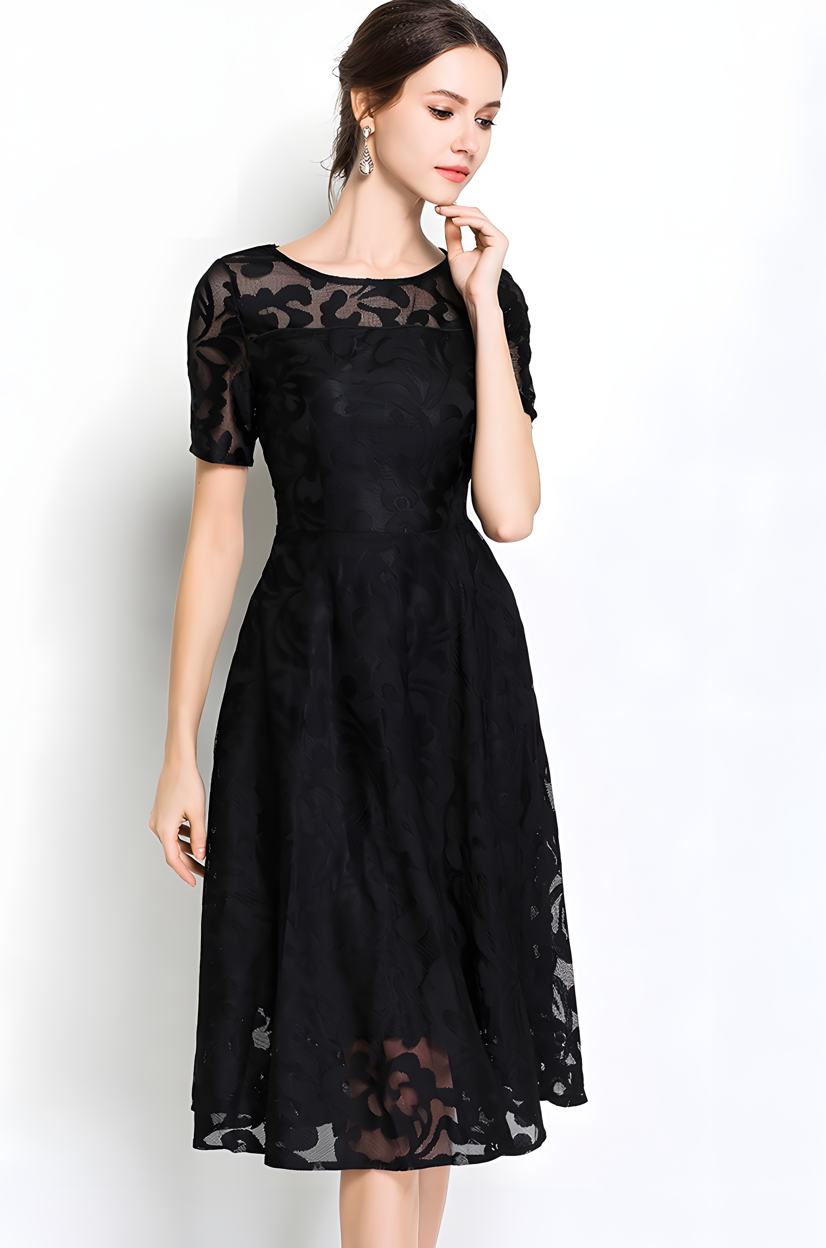 Lace Flocking Boat Neck Fitted Vest Large Hem Skirt Dress - 8999609_BLACK (EOSS)