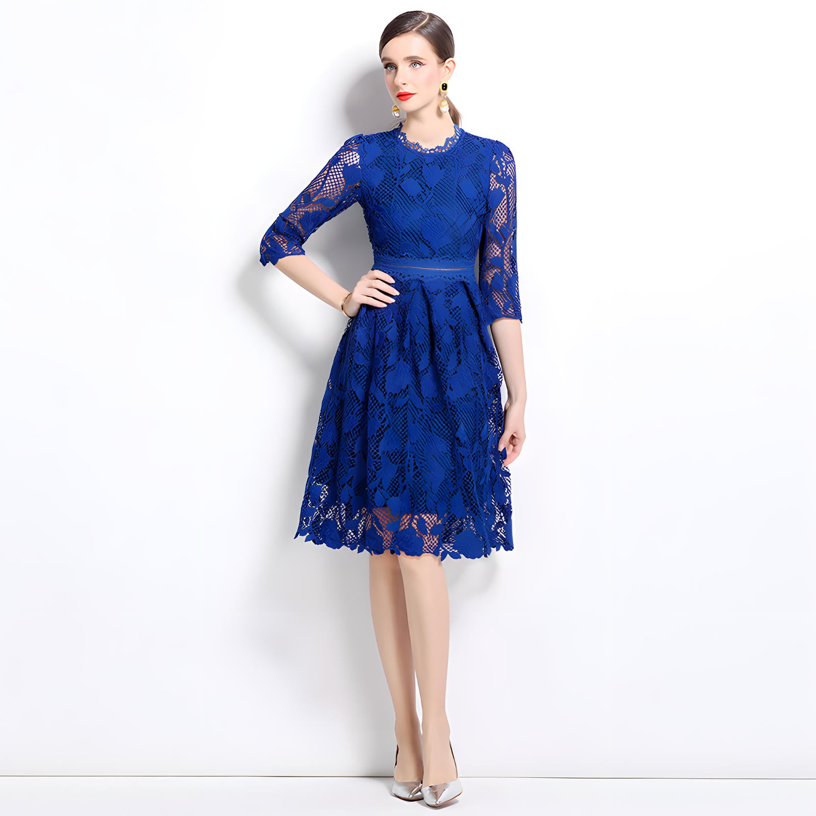 French Floral Blue Lace Short Dress With Jewel Neckline - 836577047513_BLU