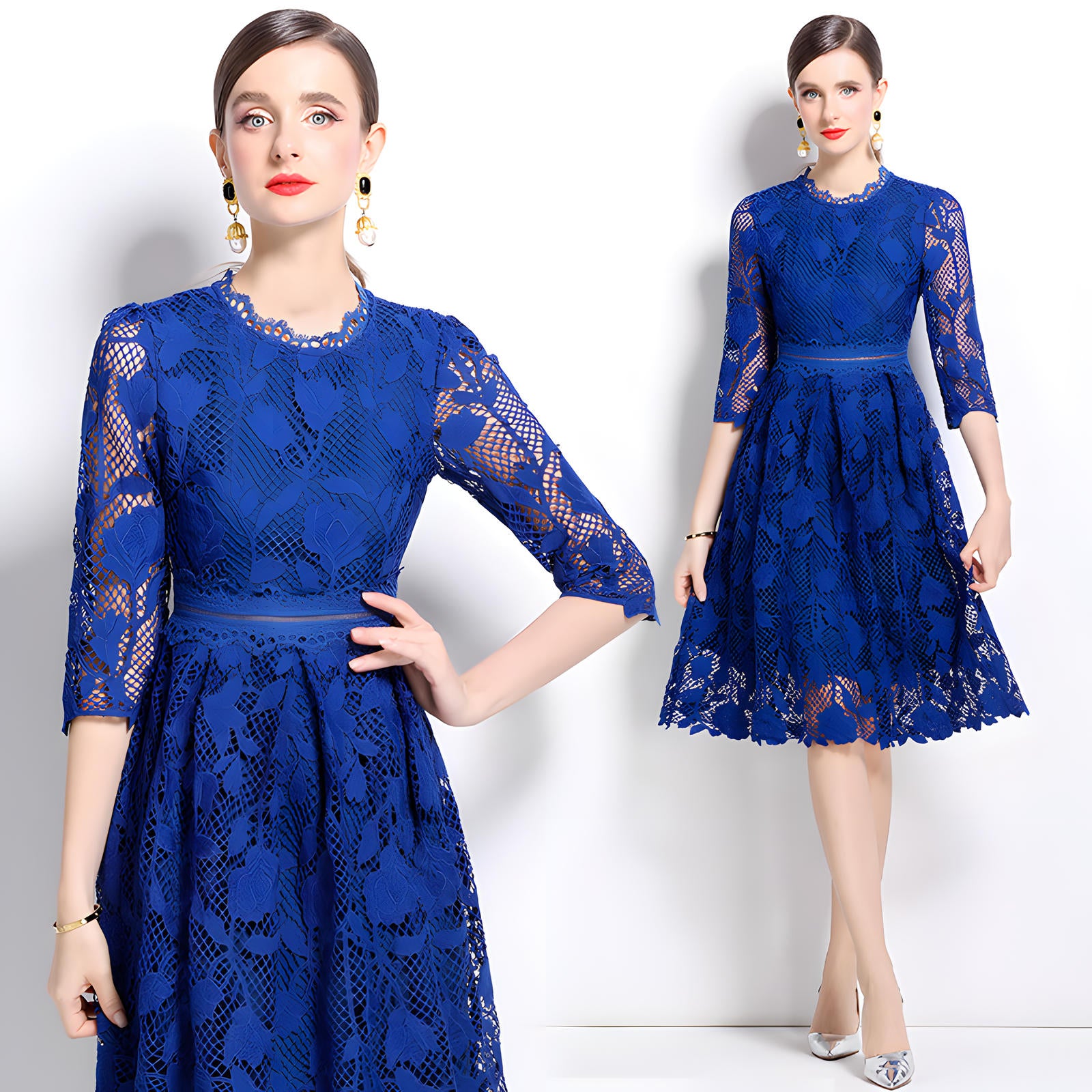 French Floral Blue Lace Short Dress With Jewel Neckline - 836577047513_BLU