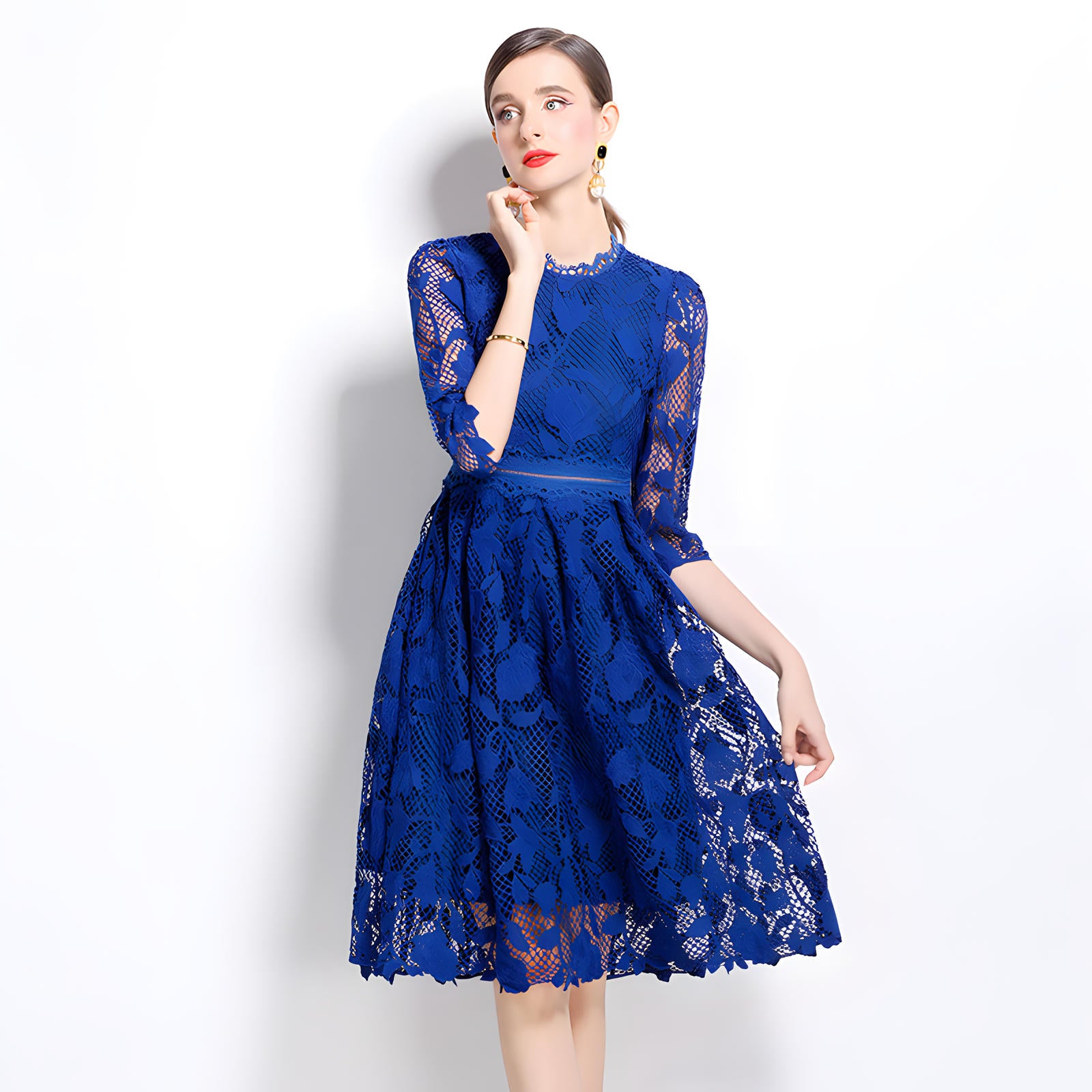 French Floral Blue Lace Short Dress With Jewel Neckline - 836577047513_BLU