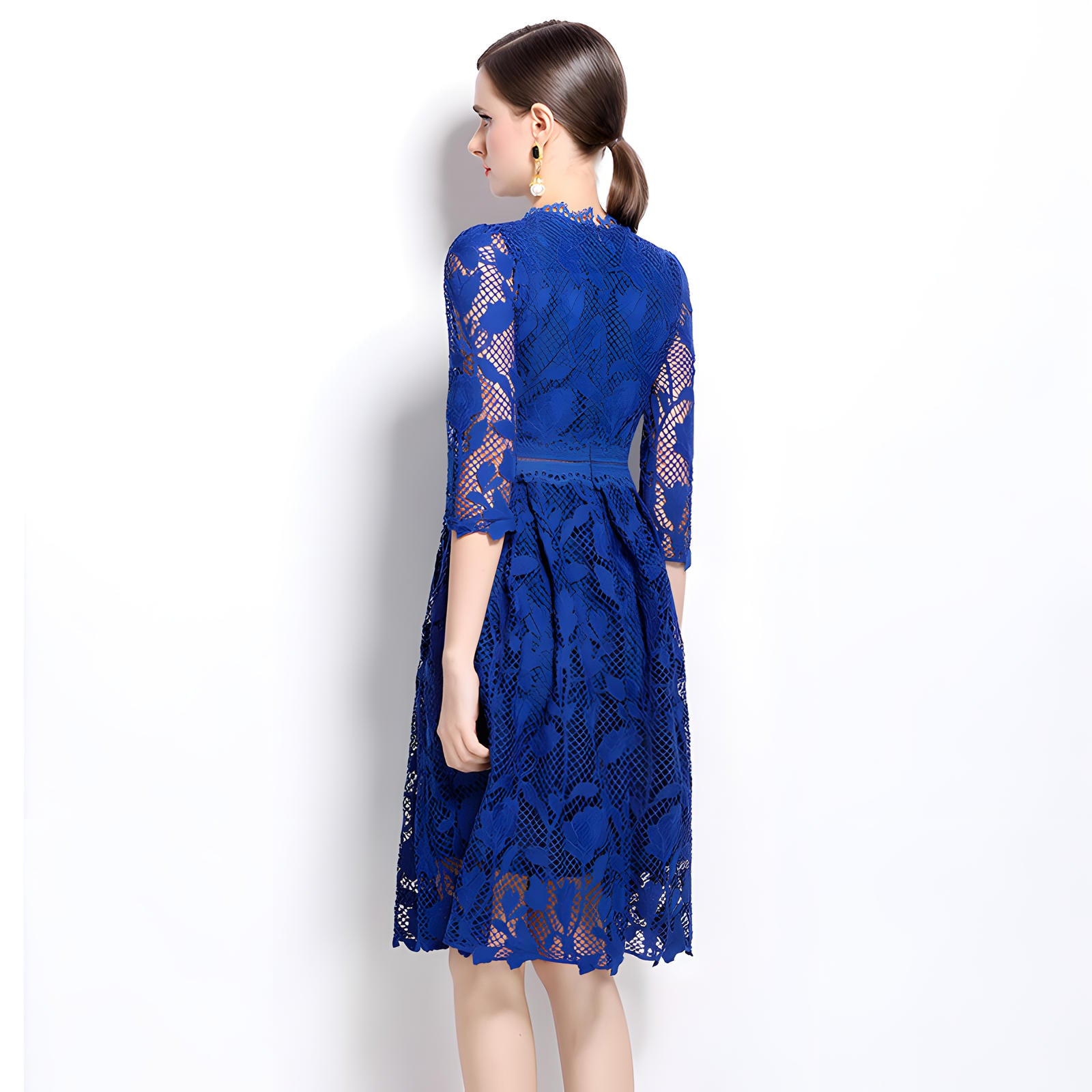 French Floral Blue Lace Short Dress With Jewel Neckline - 836577047513_BLU