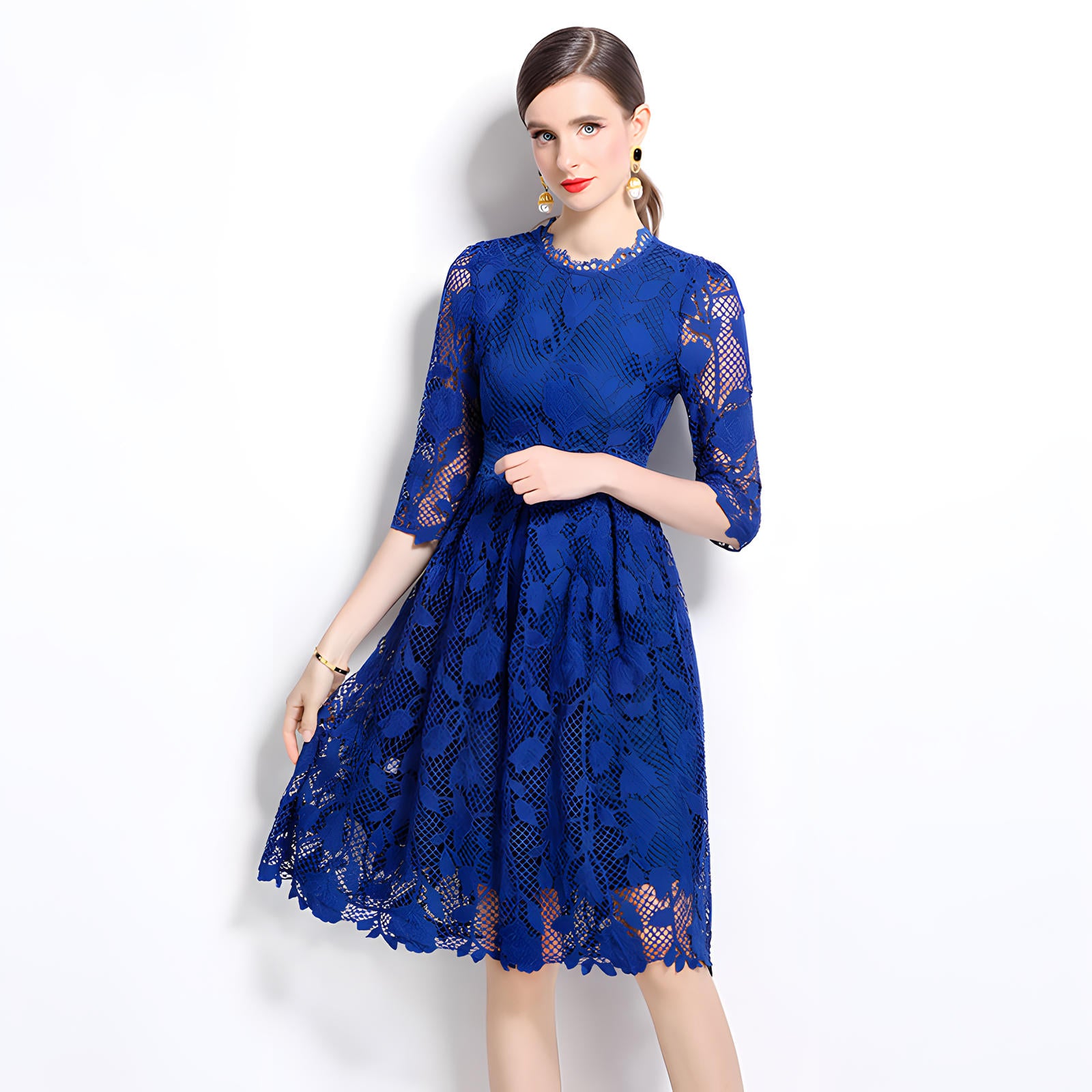 French Floral Blue Lace Short Dress With Jewel Neckline - 836577047513_BLU