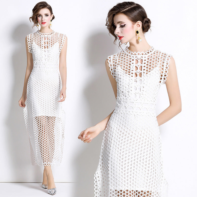 White Hollow-Out Lace Midi Dress