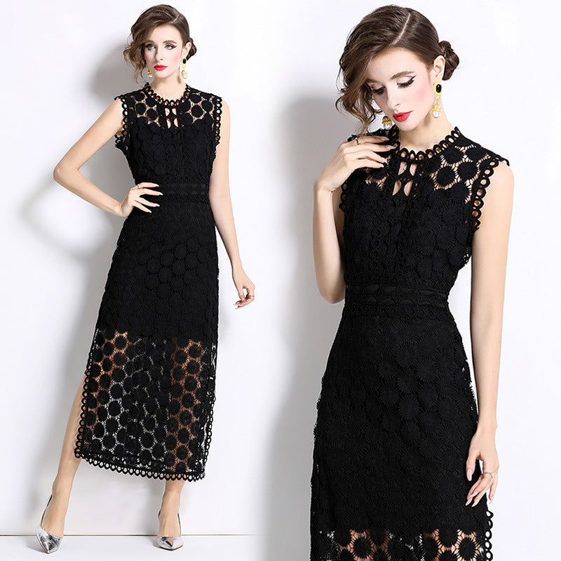 Black Hollow-Out Lace Midi Dress