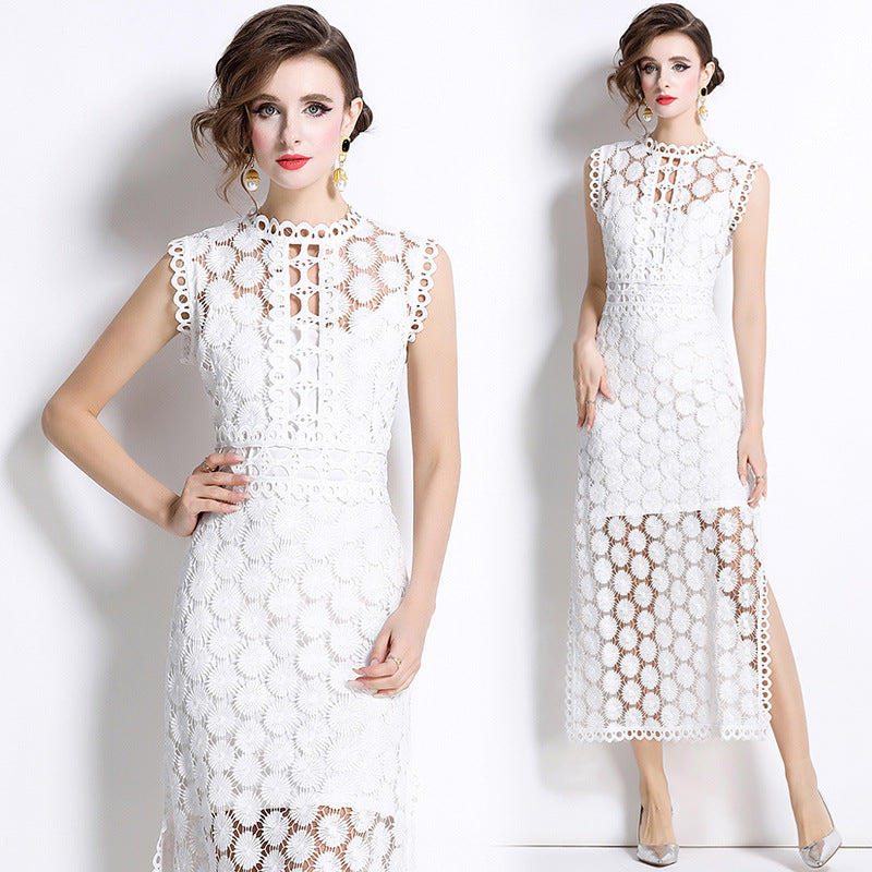 White Hollow-Out Lace Midi Dress