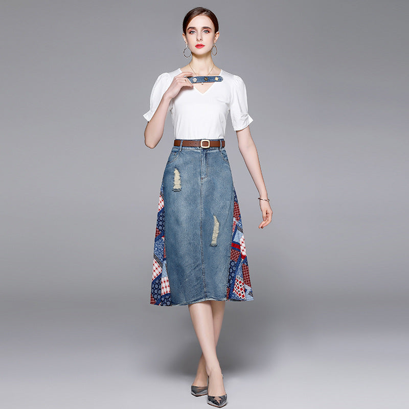 Vintage Patchwork Denim Skirt with White Top