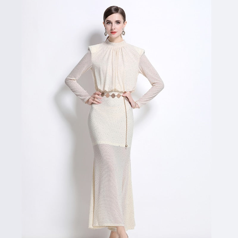 Elegant Sheer Long-Sleeve Maxi Dress - Ivory