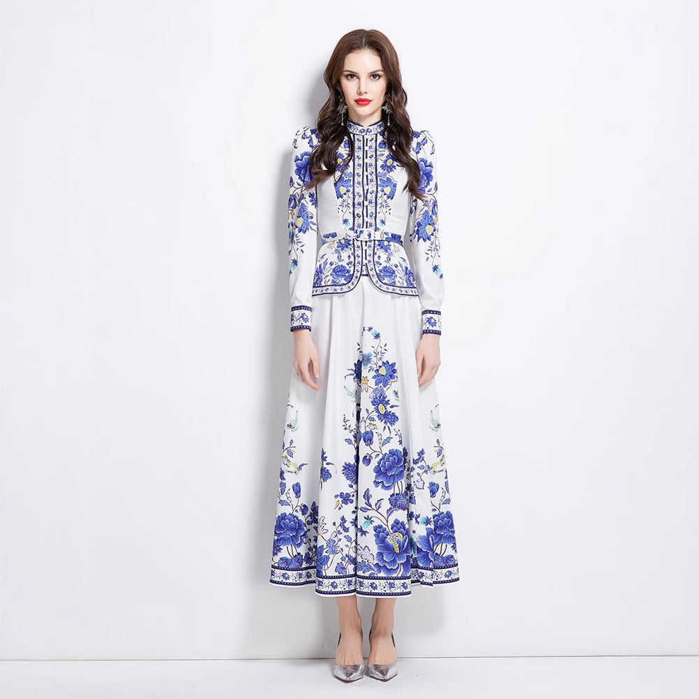 Elegant Blue & White Floral Print Blouse & Maxi Skirt Set
