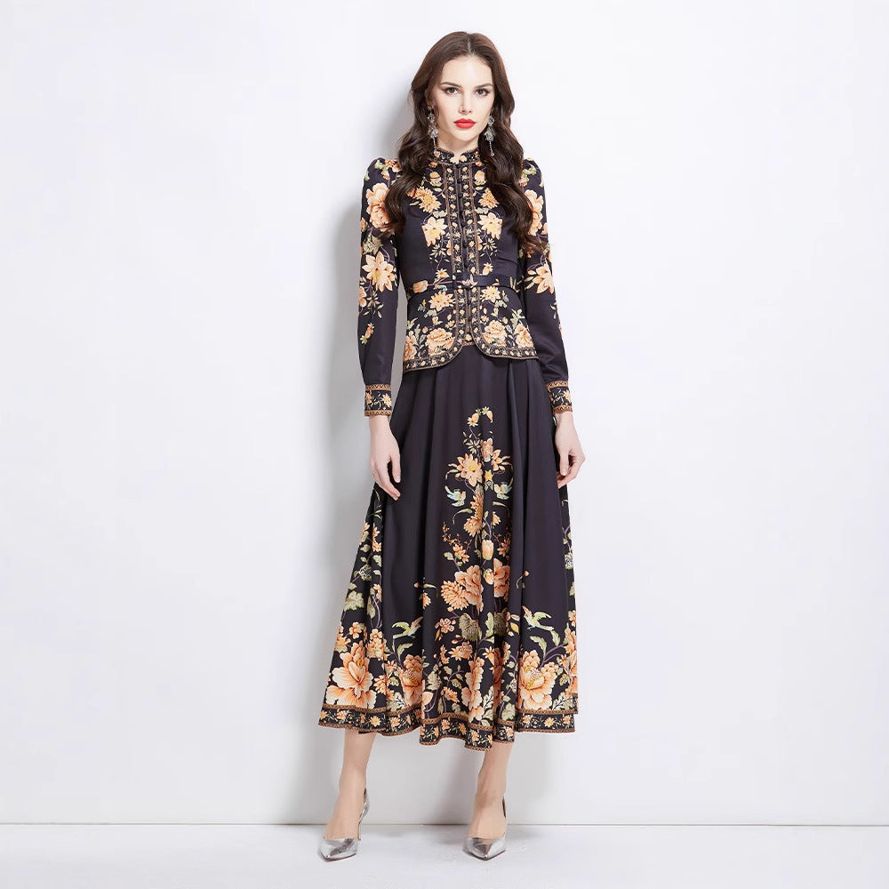 Elegant Black & Gold Floral Print Blouse & Maxi Skirt Set