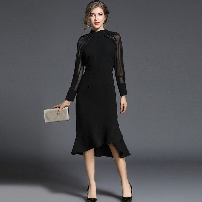 Black Sheer Sleeve High-Low Midi Dress