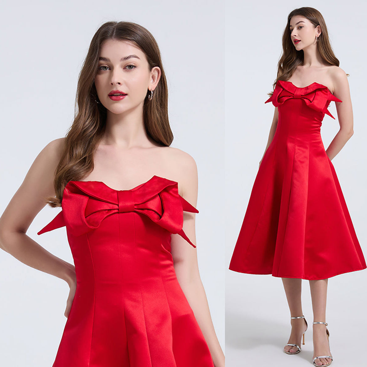 Strapless Bow Detail Satin Midi Dress - Red
