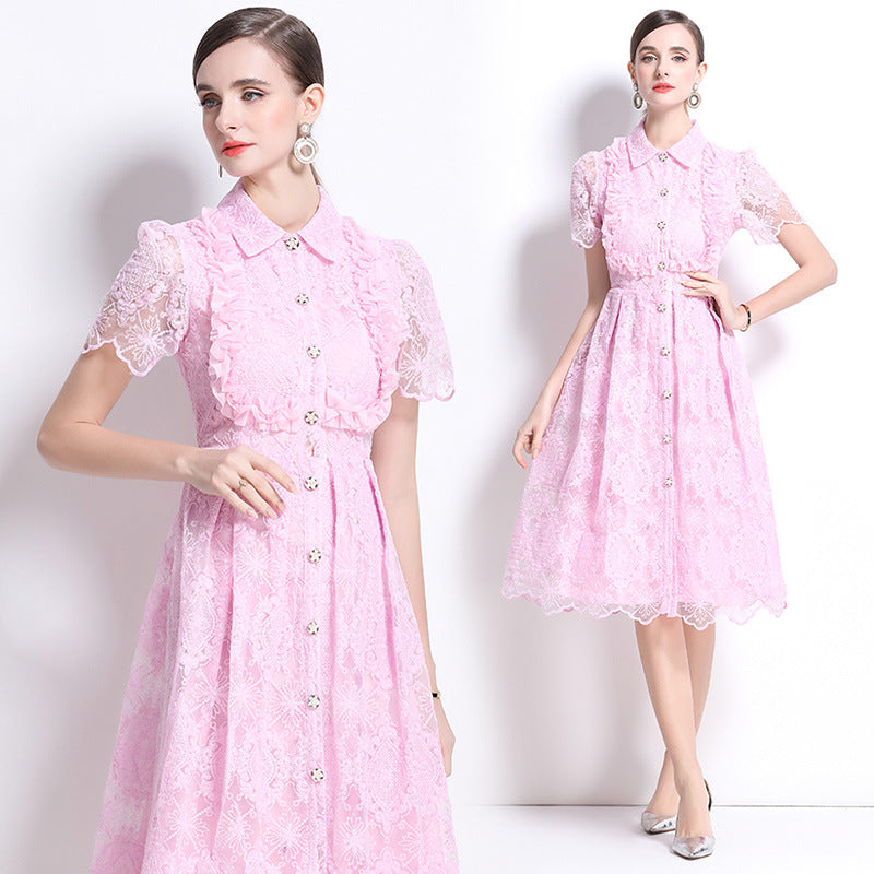 Elegant Pink Lace Button-Up Midi Dress