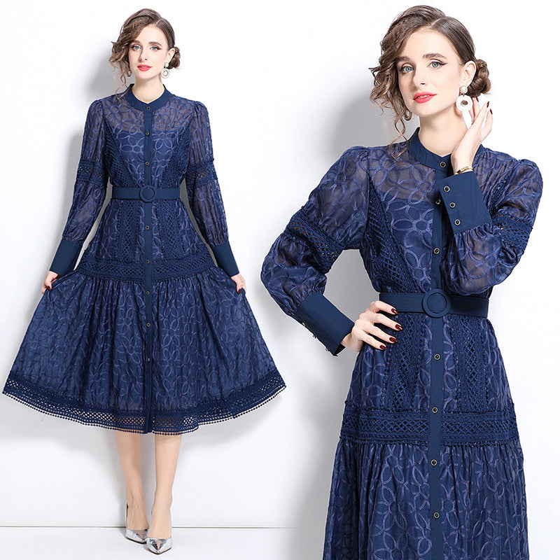 Elegant Navy Blue Lace Midi Dress with Belt