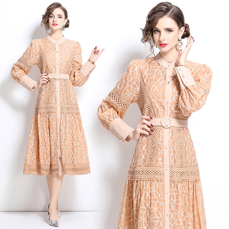 Elegant Apricot Lace Midi Dress with Belt