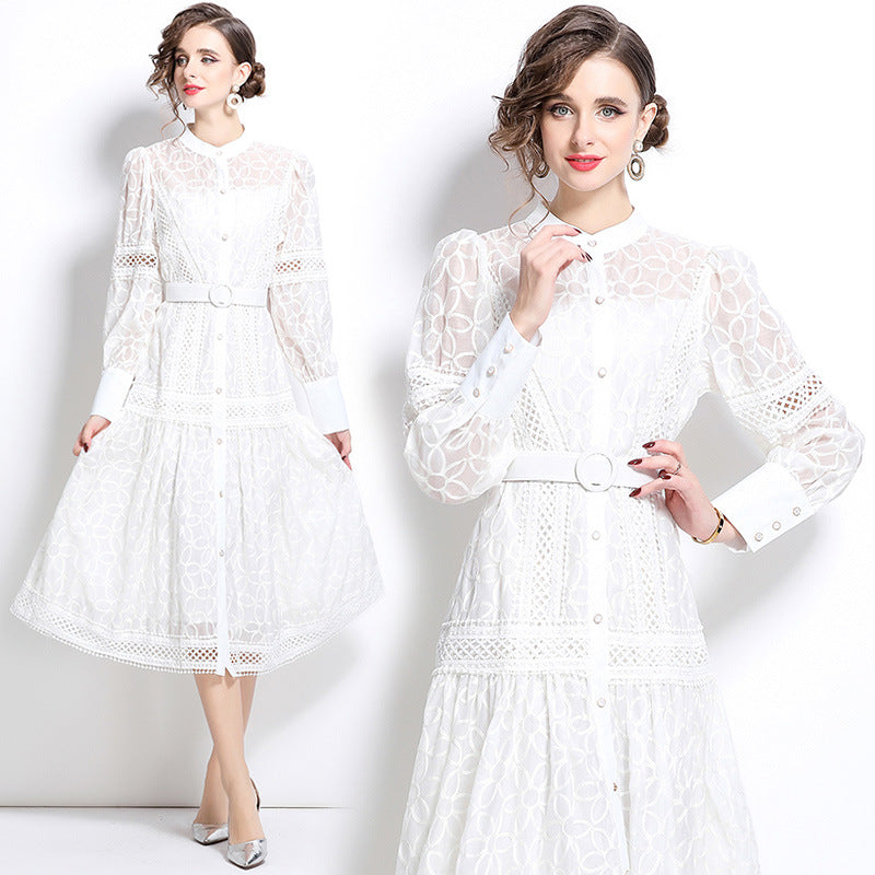 White Lace Belted Midi Dress
