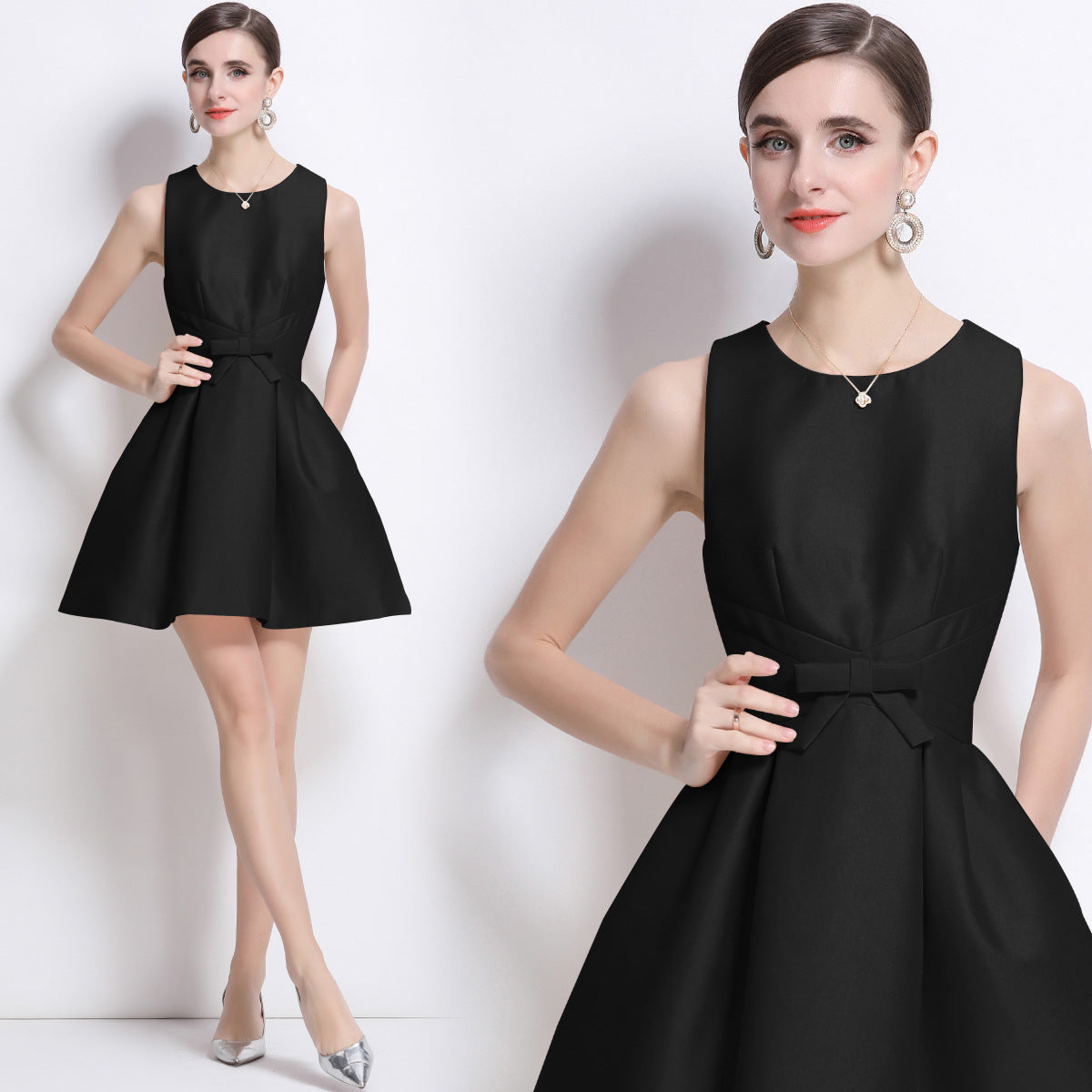 Classic Black Bow Detail Fit & Flare Mini Dress