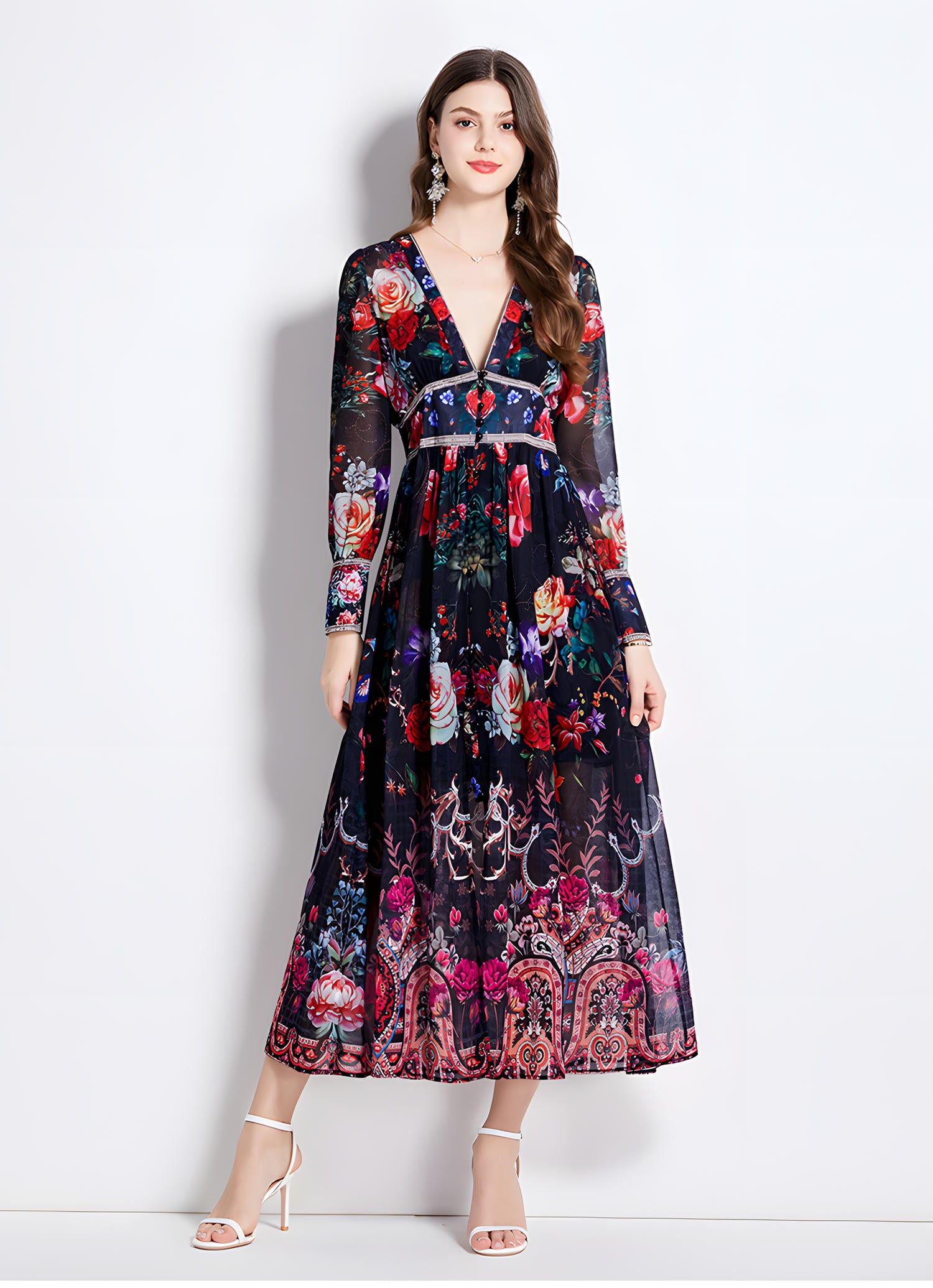 Printed Chiffon Plunging V - Neckline Elasticated Waist Front Split Long Dress - NRJ-720#2497 (EOSS)