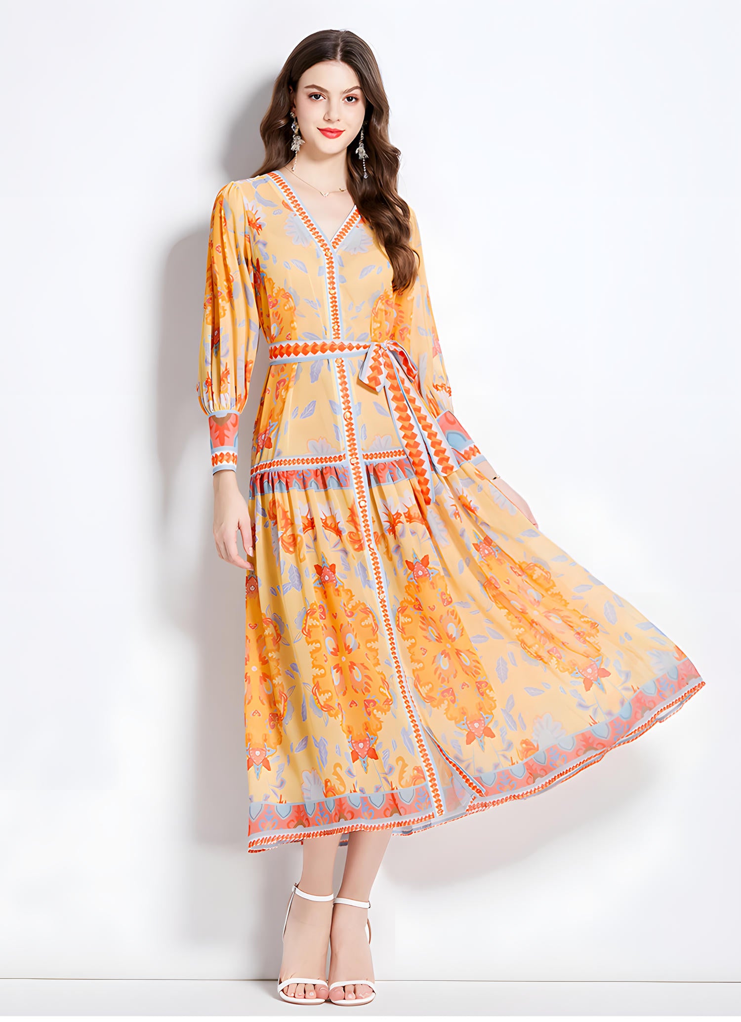 Printed Chiffon Plunging V - Neckline Front Split Long Dress With Waist Band - NRJ-720#2491