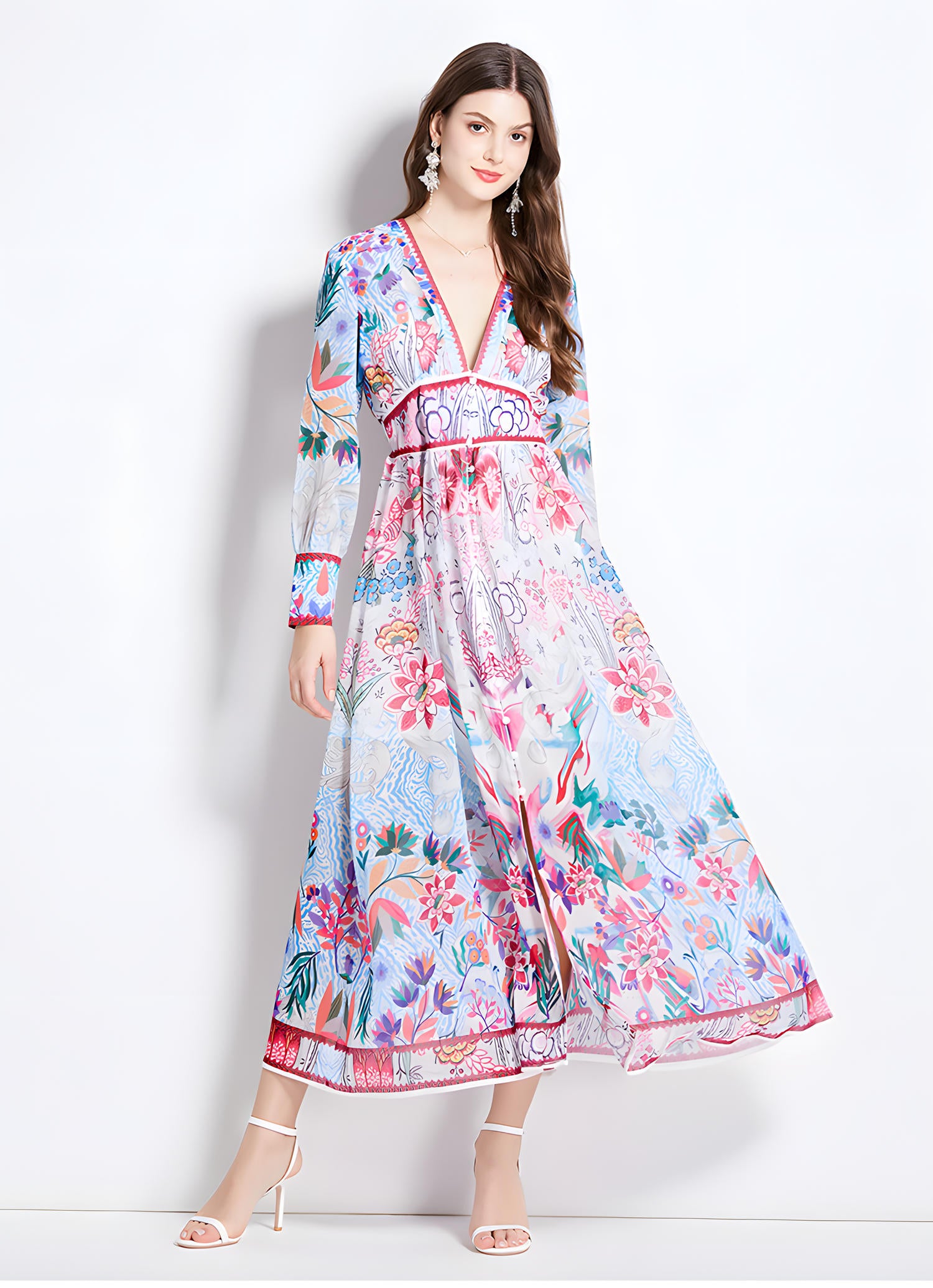 Printed Chiffon Plunging V - Neckline Elasticated Waist Front Split Long Dress - NRJ-720#2494