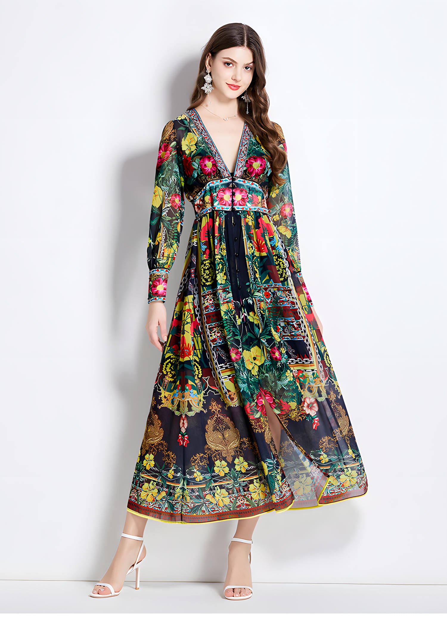 Printed Chiffon Plunging V - Neckline Elasticated Waist Front Split Long Dress - NRJ-720#2496