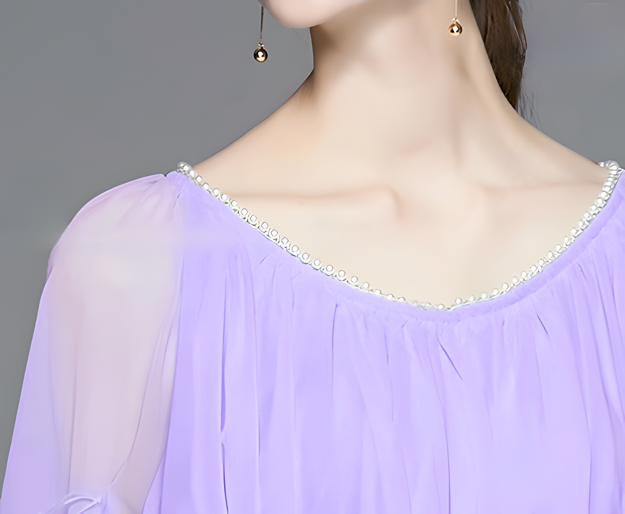 Lavender Dress with Feather-Embellished Sleeves and Pearl-Embellished Neckline - 800342769079_VIO