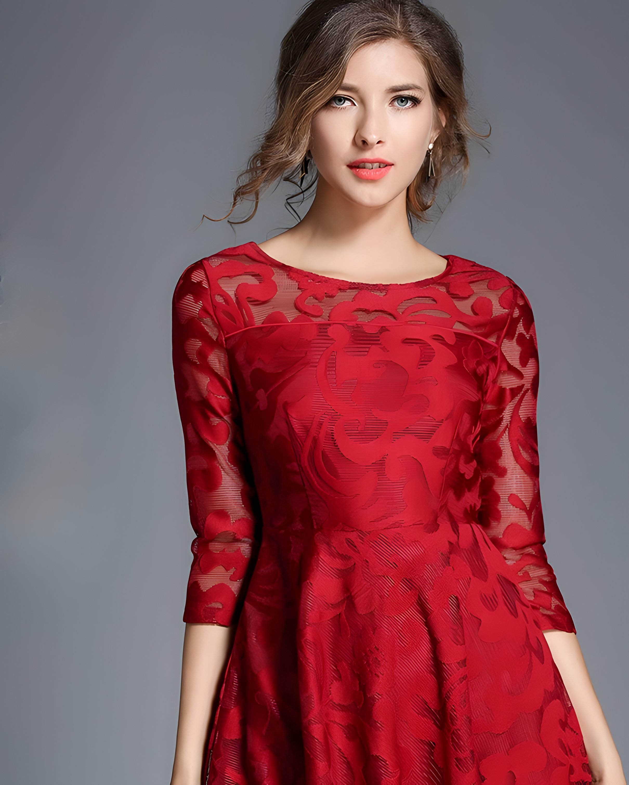 Lace Flocking Boat Neck Fitted Vest Large Hem Skirt Dress - 607715875502_CLARET