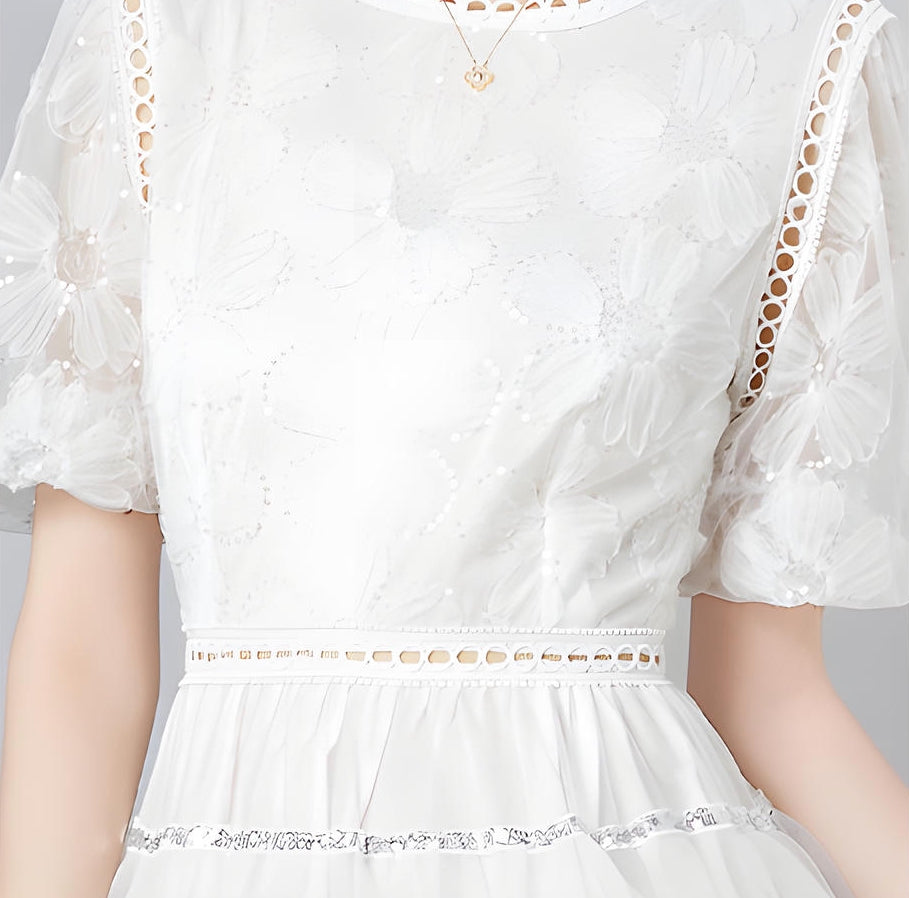 Multilayer Sequinned Mesh Skirt Flower Embroidered Vest Dress - 787365833312_WHI