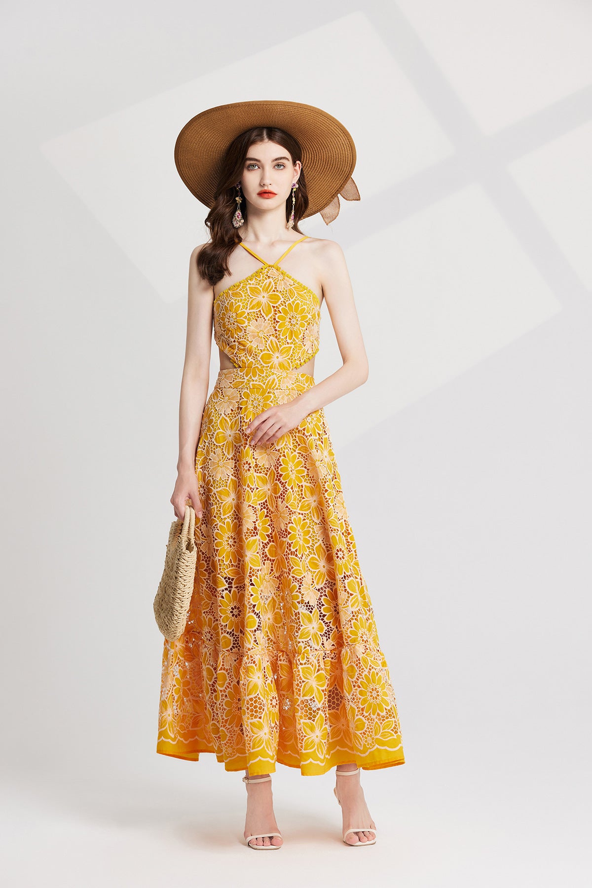 Luxury French Lace Halter Neck Holiday Breeze Black Dress - 829851111269_YEL