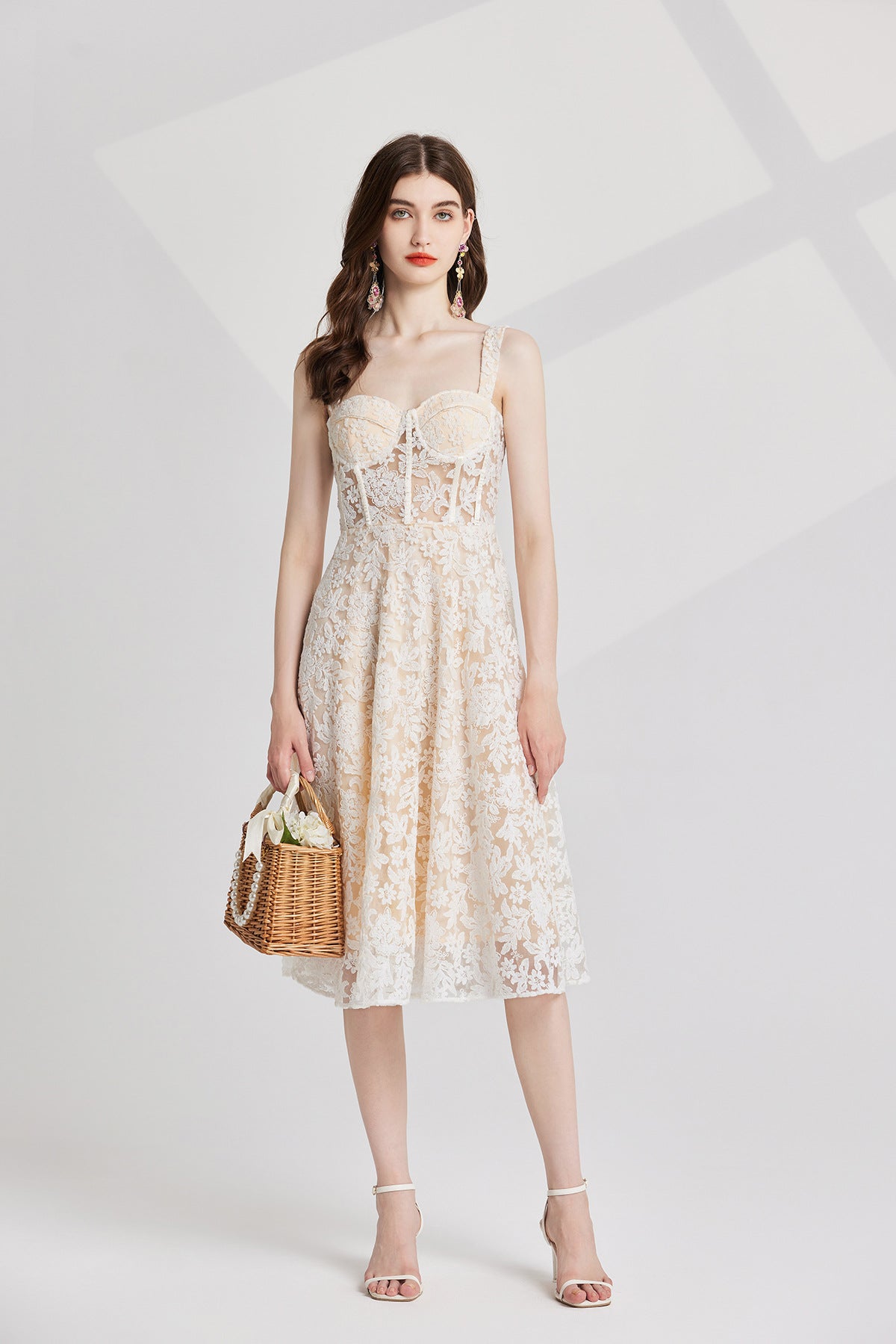Ivory Lace Garden Dress with Heavy Embroidered Mesh Flocking and Corset Top - 821764686977_BEI (EOSS)