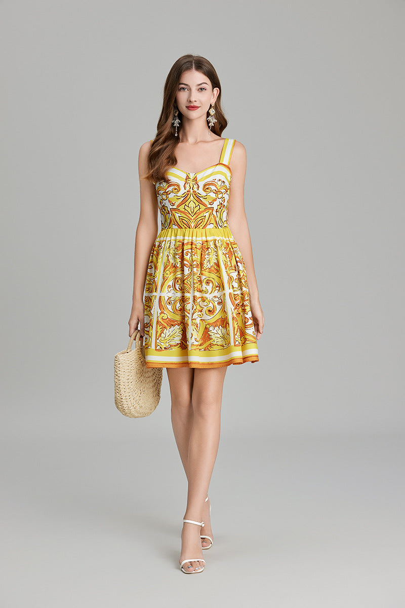 Baroque Pattern Printed Short Retro Satin Dress - 815978965367_BAS