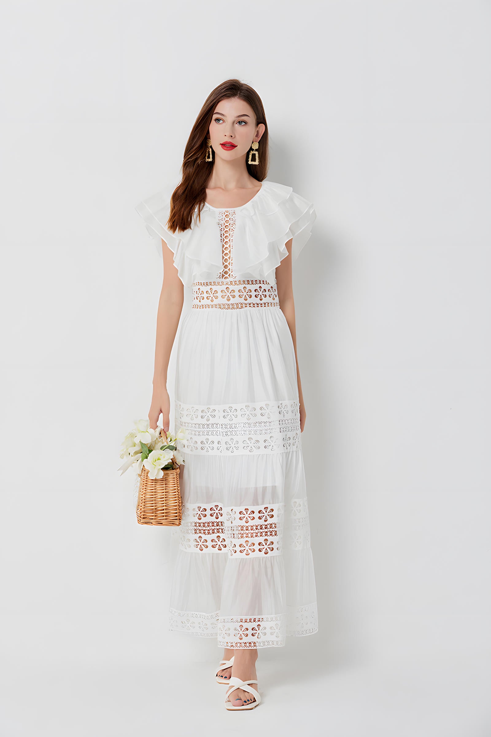 Summer Seaside Vacation French Lace White Long Dress - 812508106214_BAS