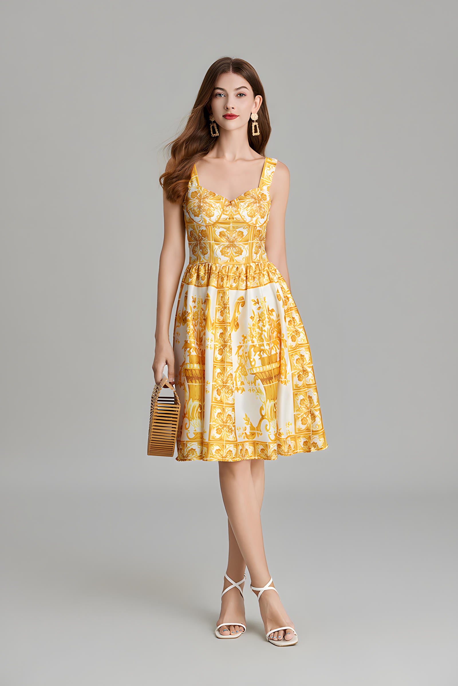 Baroque Pattern Printed Short Retro Dress With Corset Top - 815248774241_BAS