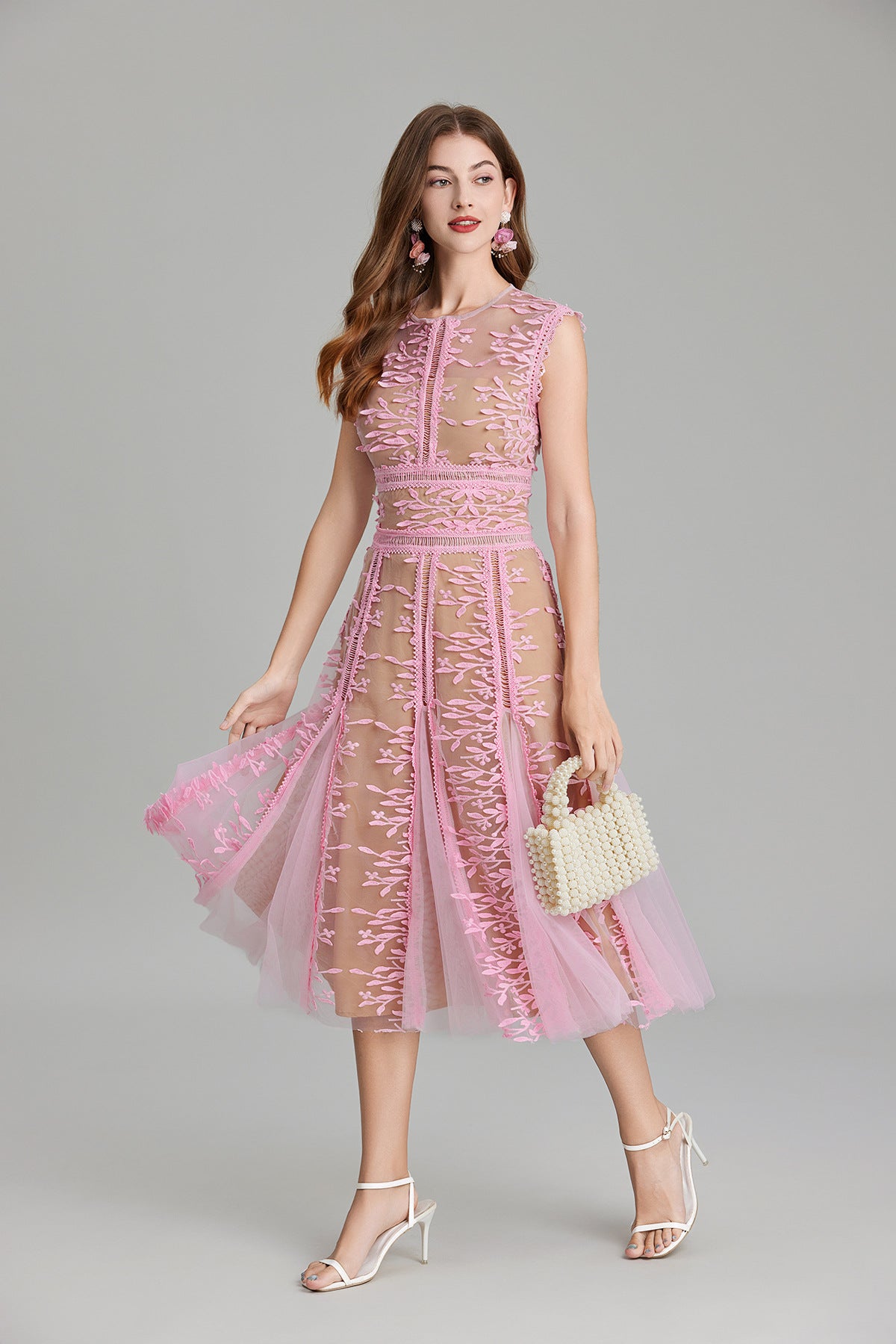 Pink Blush Lace Midi Dress with Mesh Flocking and Nude Lining - 823734853765_PIN