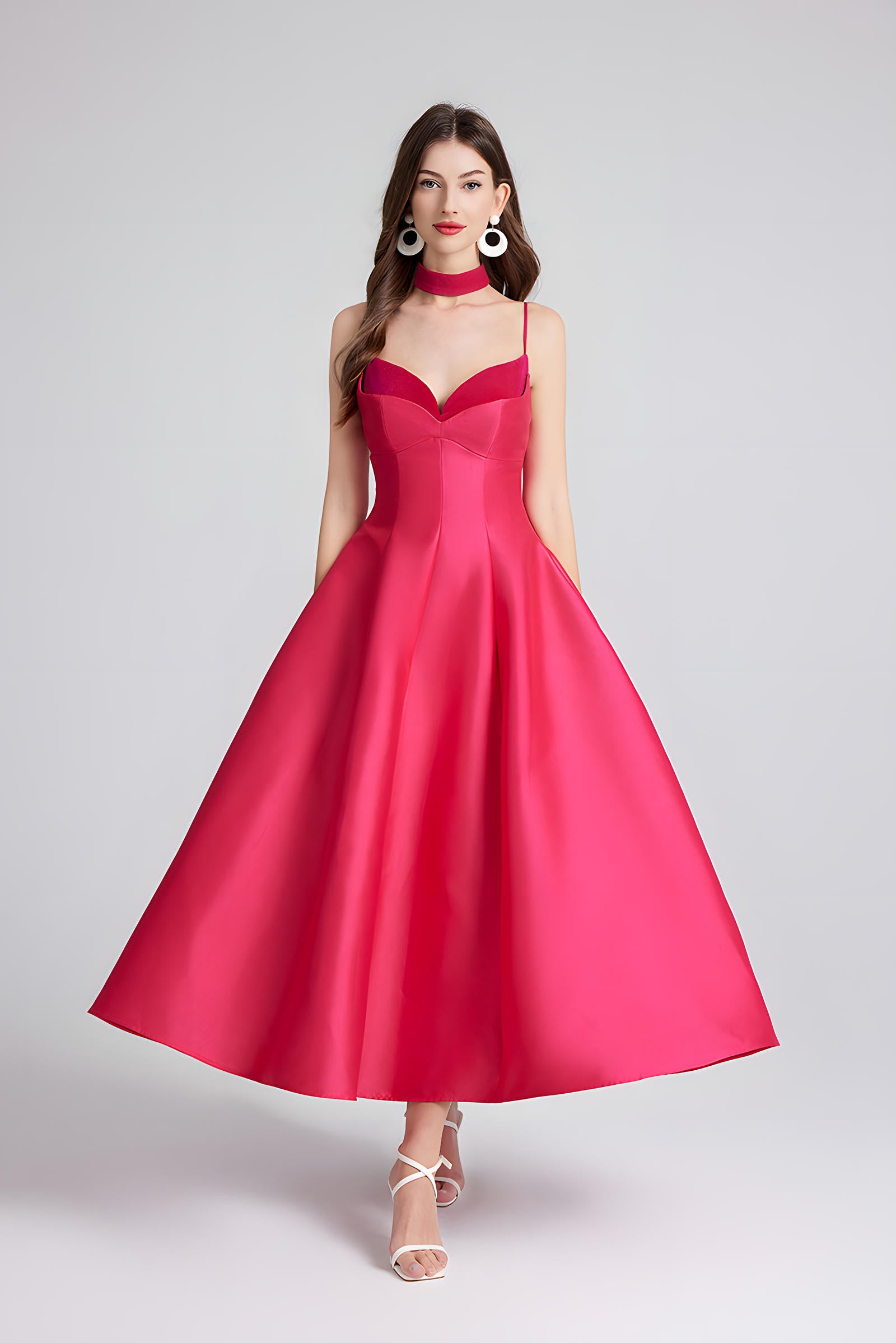 Sweetheart Neckline Rose Red Satin Party Dress with a Hepburn-Style Skirt Fitted Bodice and Neck Band - 800116697016_ROS