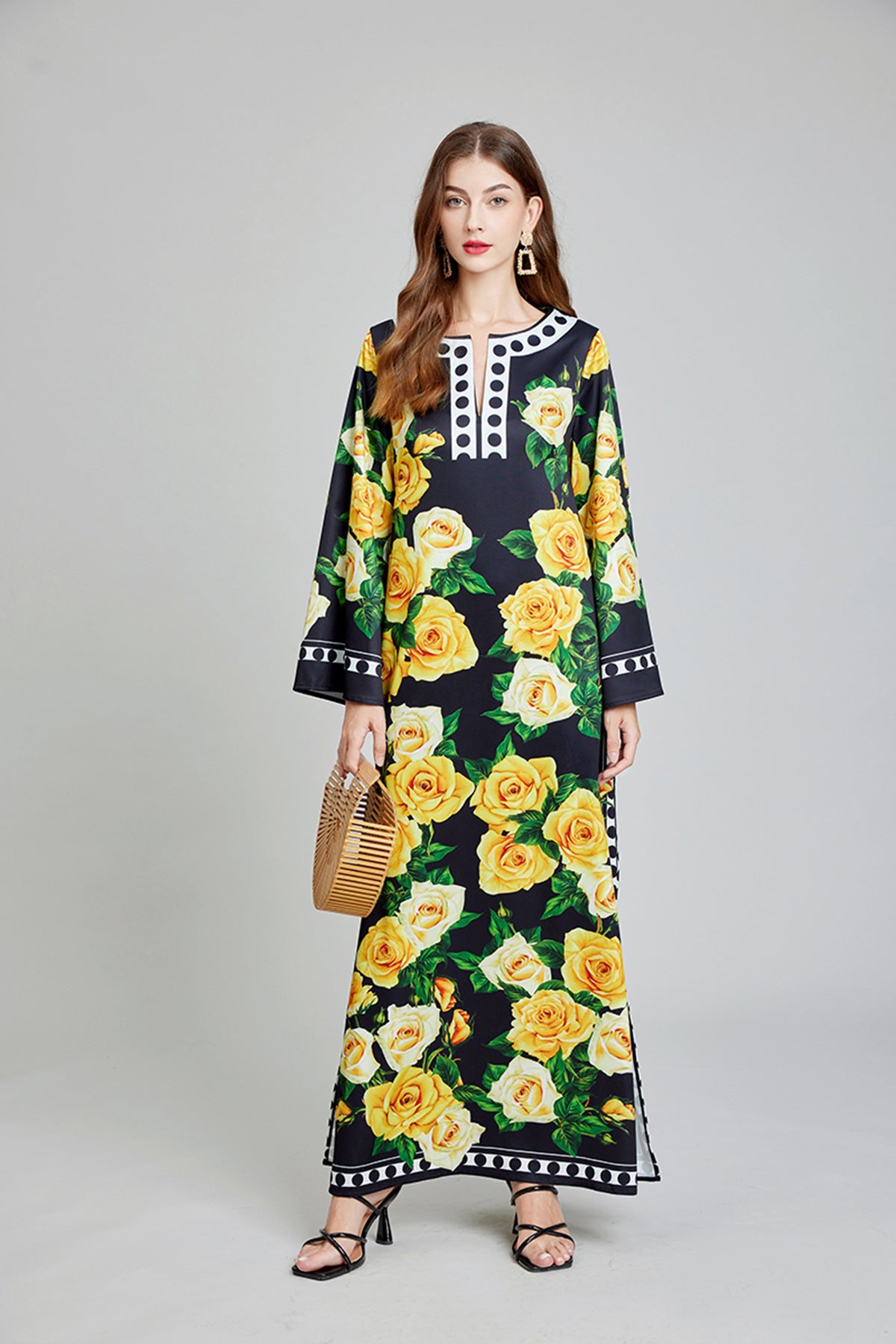 Golden Bloom Kaftan Yellow Dress with Vibrant Yellow Rose Floral Pattern - 818939592219_YEL