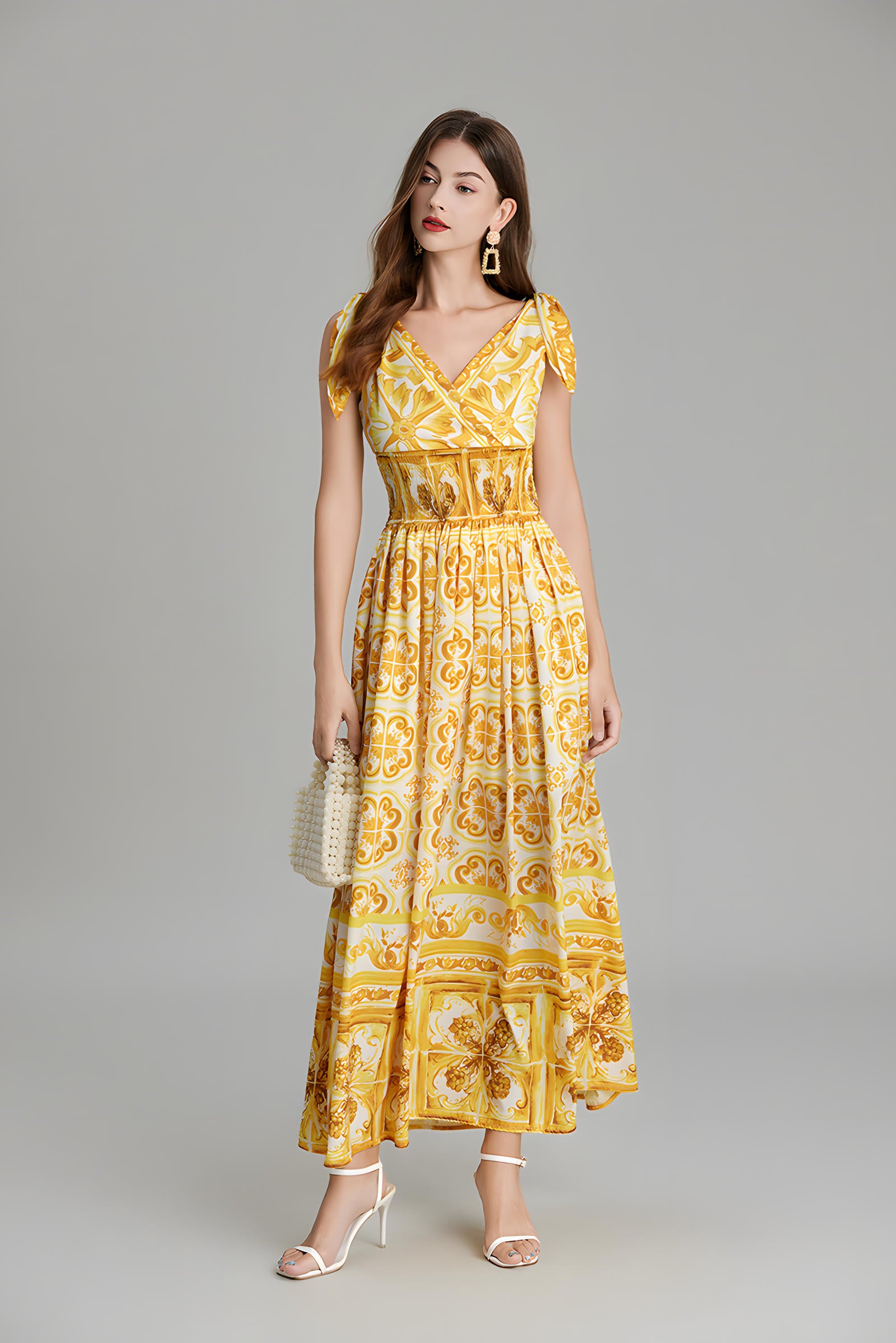 Celadon Print V-Neck Blue A Line Long Dress With Elasticated Wait - 815251322071_YEL