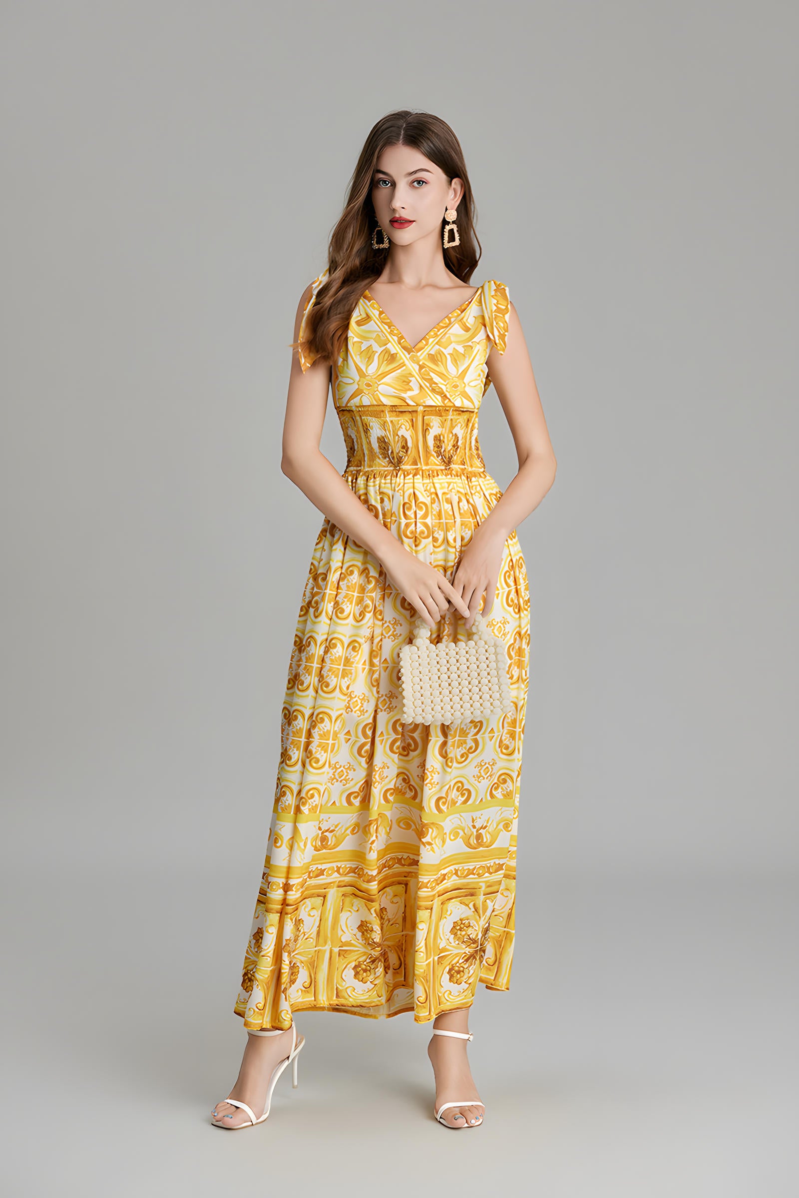 Celadon Print V-Neck Blue A Line Long Dress With Elasticated Wait - 815251322071_YEL