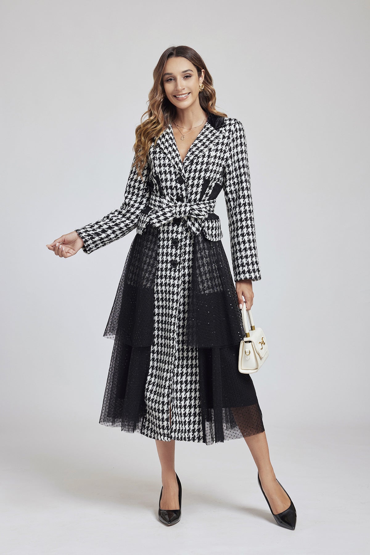 Houndstooth Noir Sequin Coat-Dress - 849998226262_BLACK