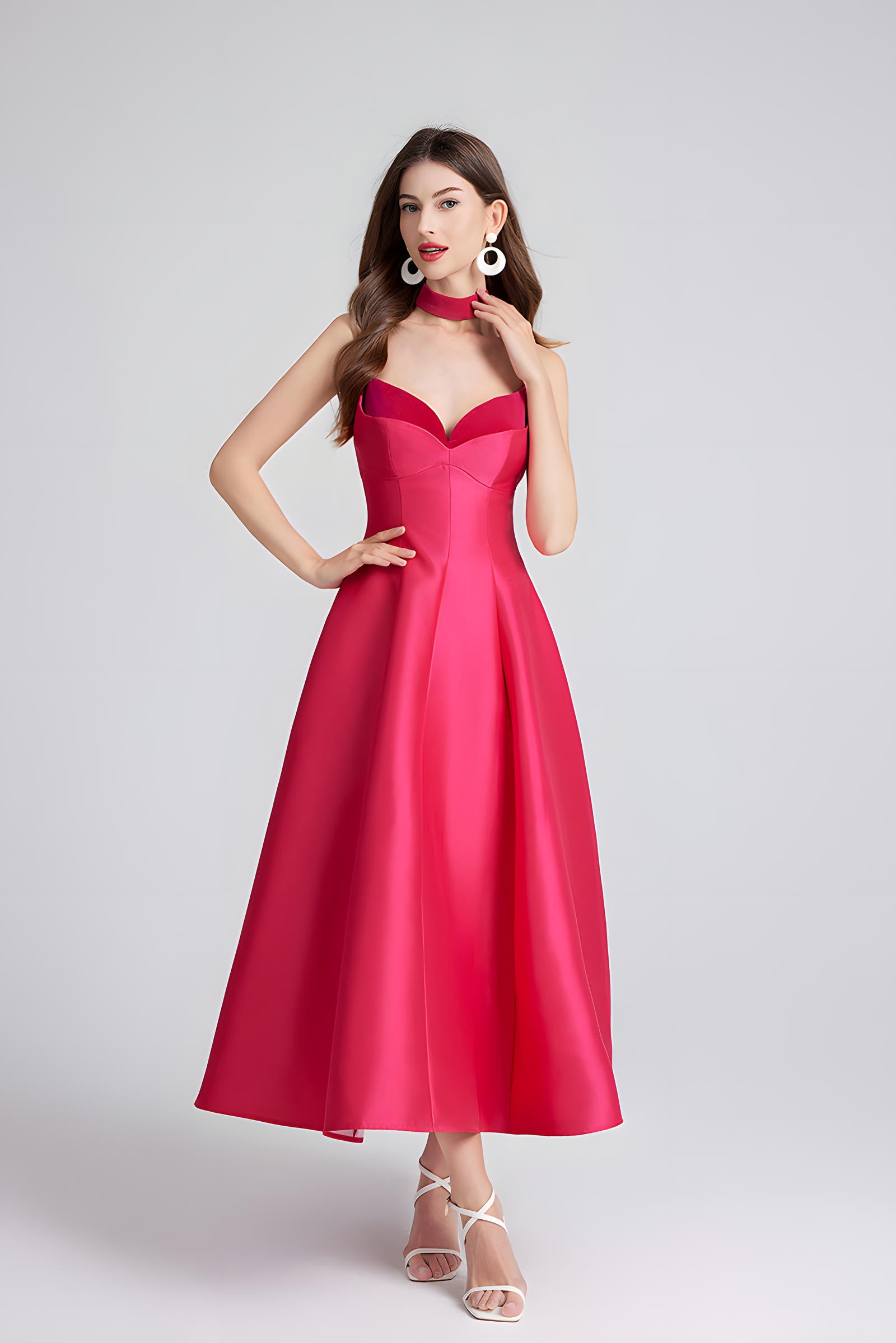 Sweetheart Neckline Rose Red Satin Party Dress with a Hepburn-Style Skirt Fitted Bodice and Neck Band - 800116697016_ROS