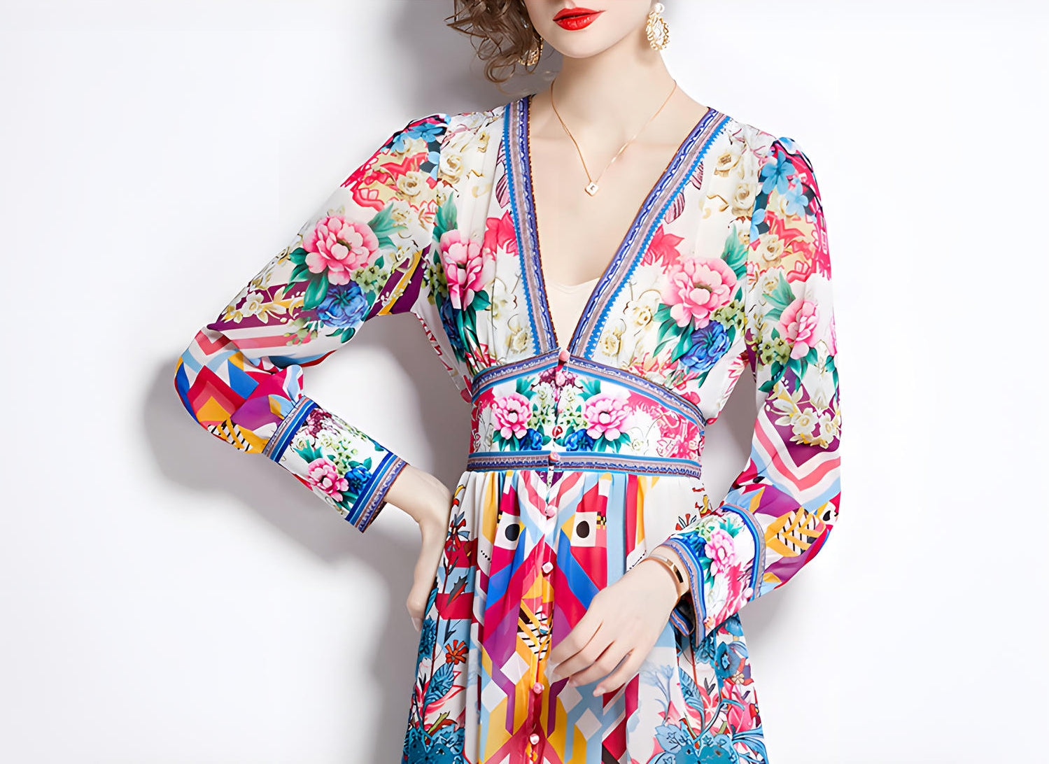 Printed Chiffon Plunging V - Neckline Elasticated Waist Front Split Long Dress - NRJ-720#2495