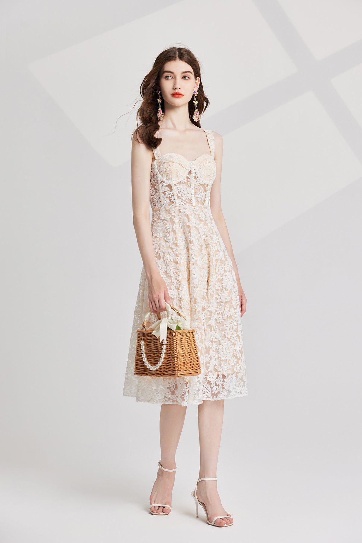 Ivory Lace Garden Dress with Heavy Embroidered Mesh Flocking and Corset Top - 821764686977_BEI (EOSS)