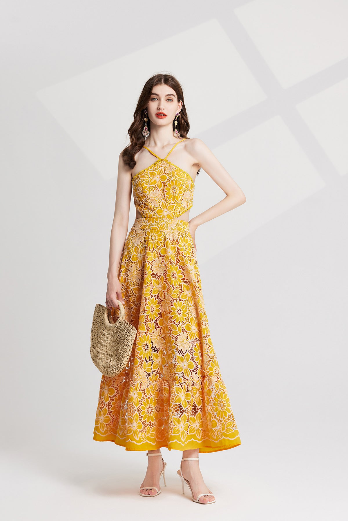 Luxury French Lace Halter Neck Holiday Breeze Black Dress - 829851111269_YEL