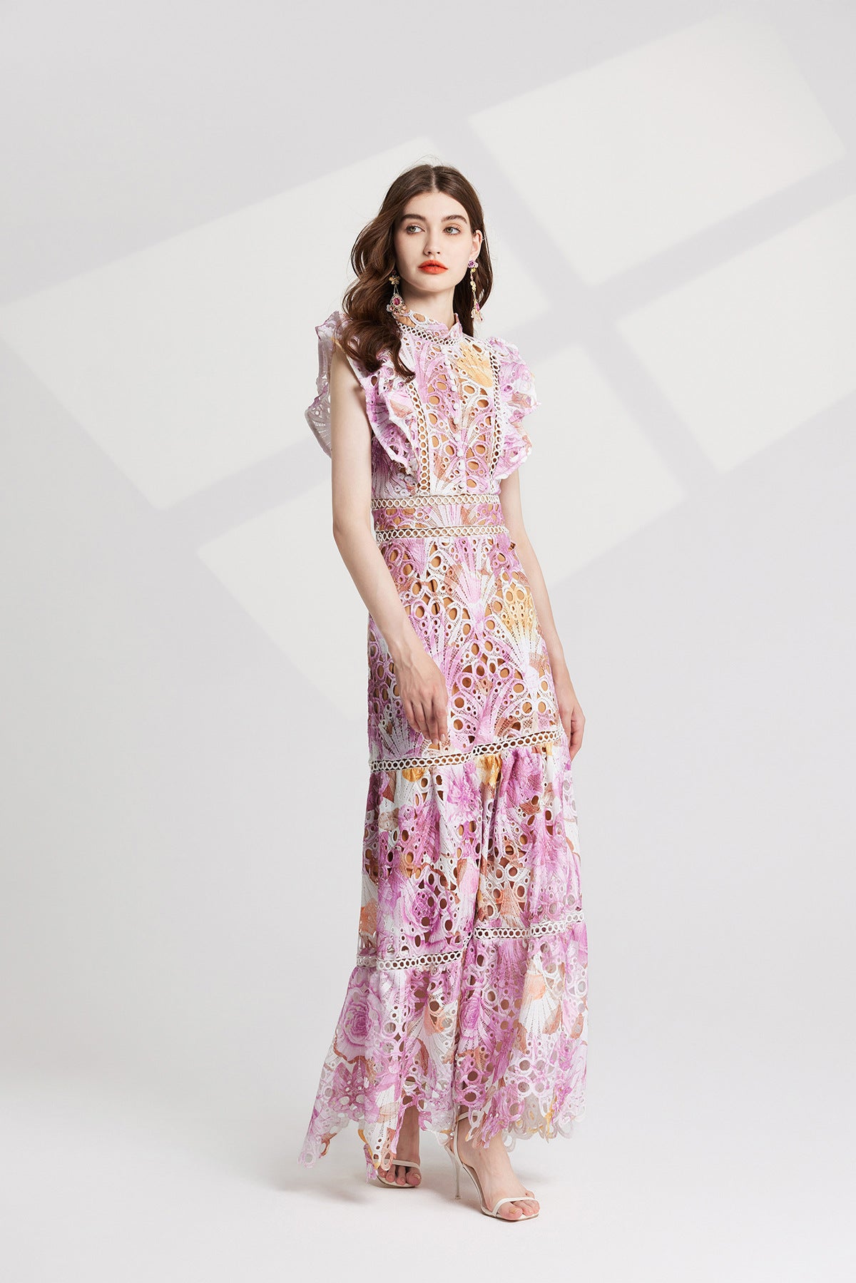 Luxury French Lace Pink Long Dress With Flutter Sleeve - 827491131616_PIN