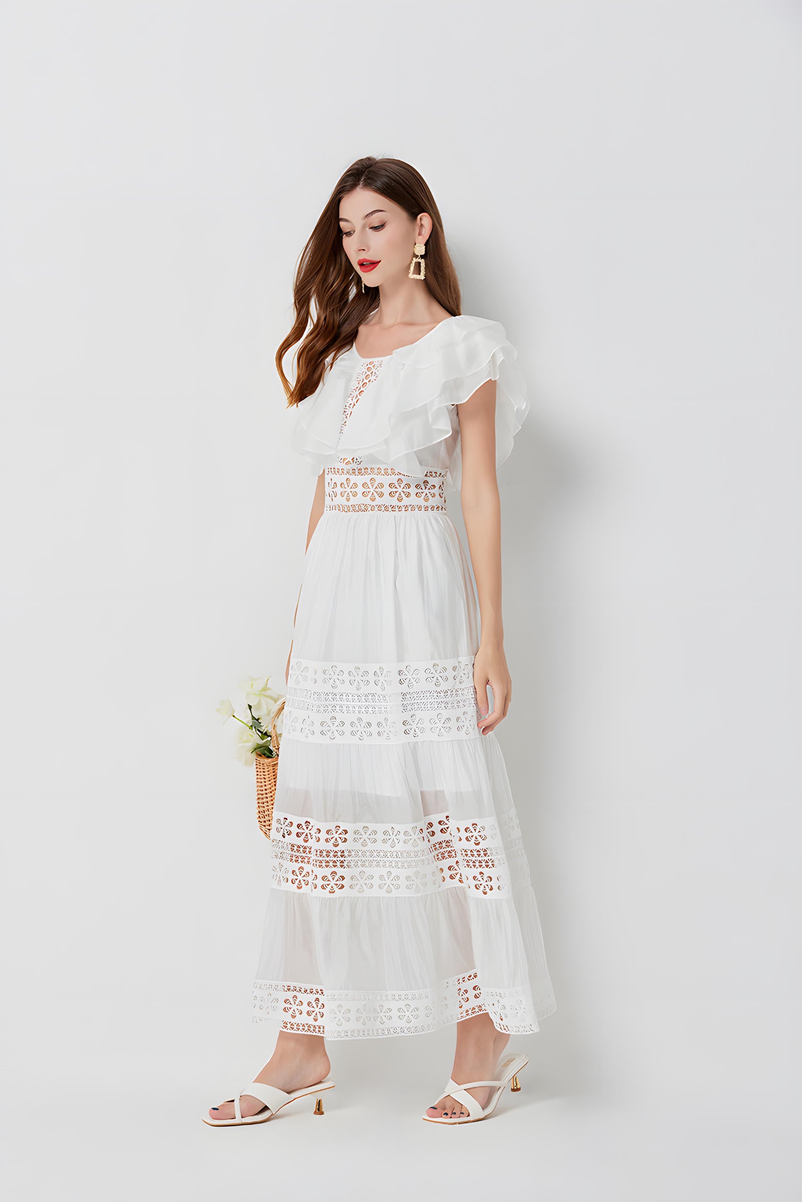 Summer Seaside Vacation French Lace White Long Dress - 812508106214_BAS