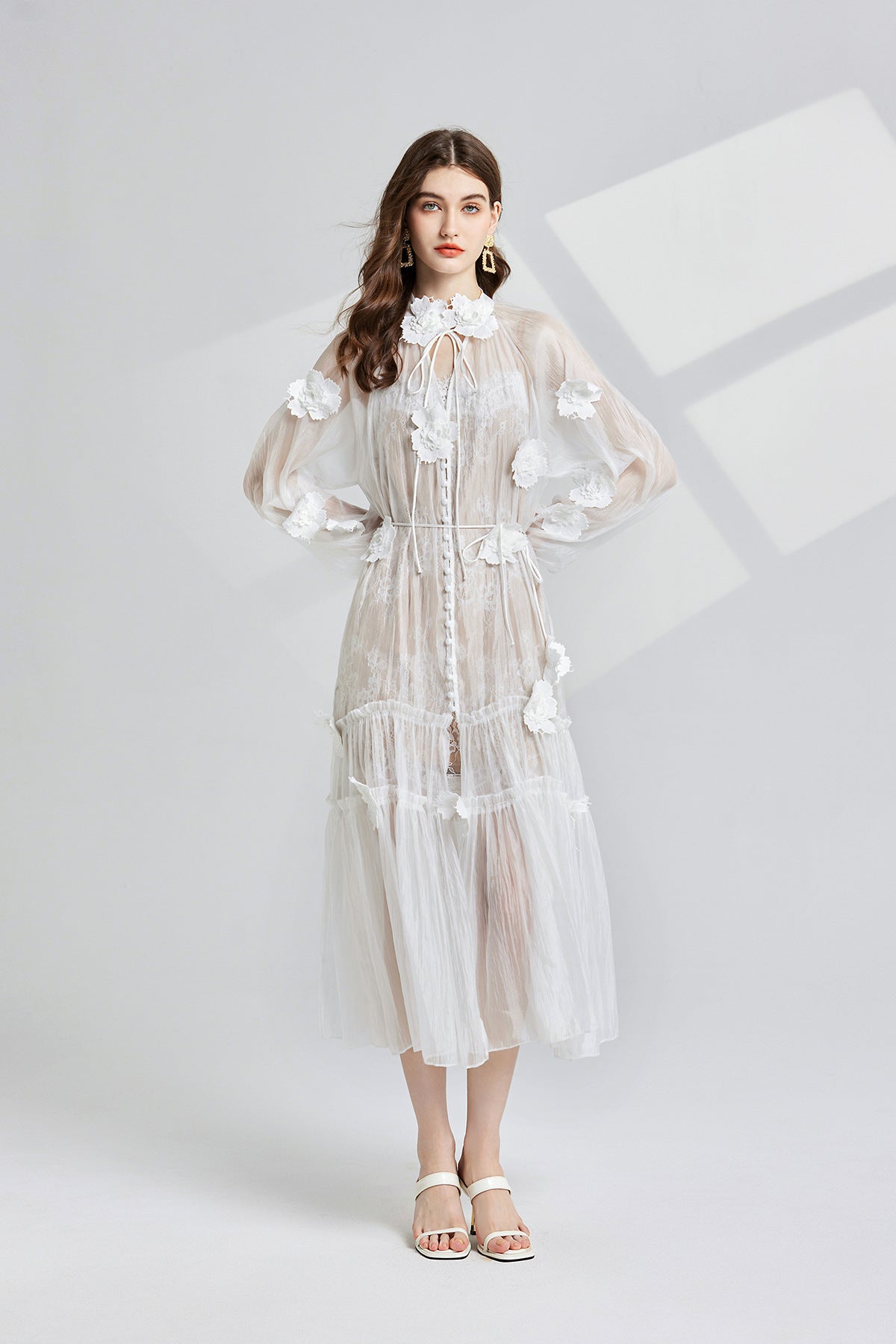 French Lace Floral Embellished Maxi Beach Dress with Lace Eyelash Sling And Bottoming Skirt - 834067027238