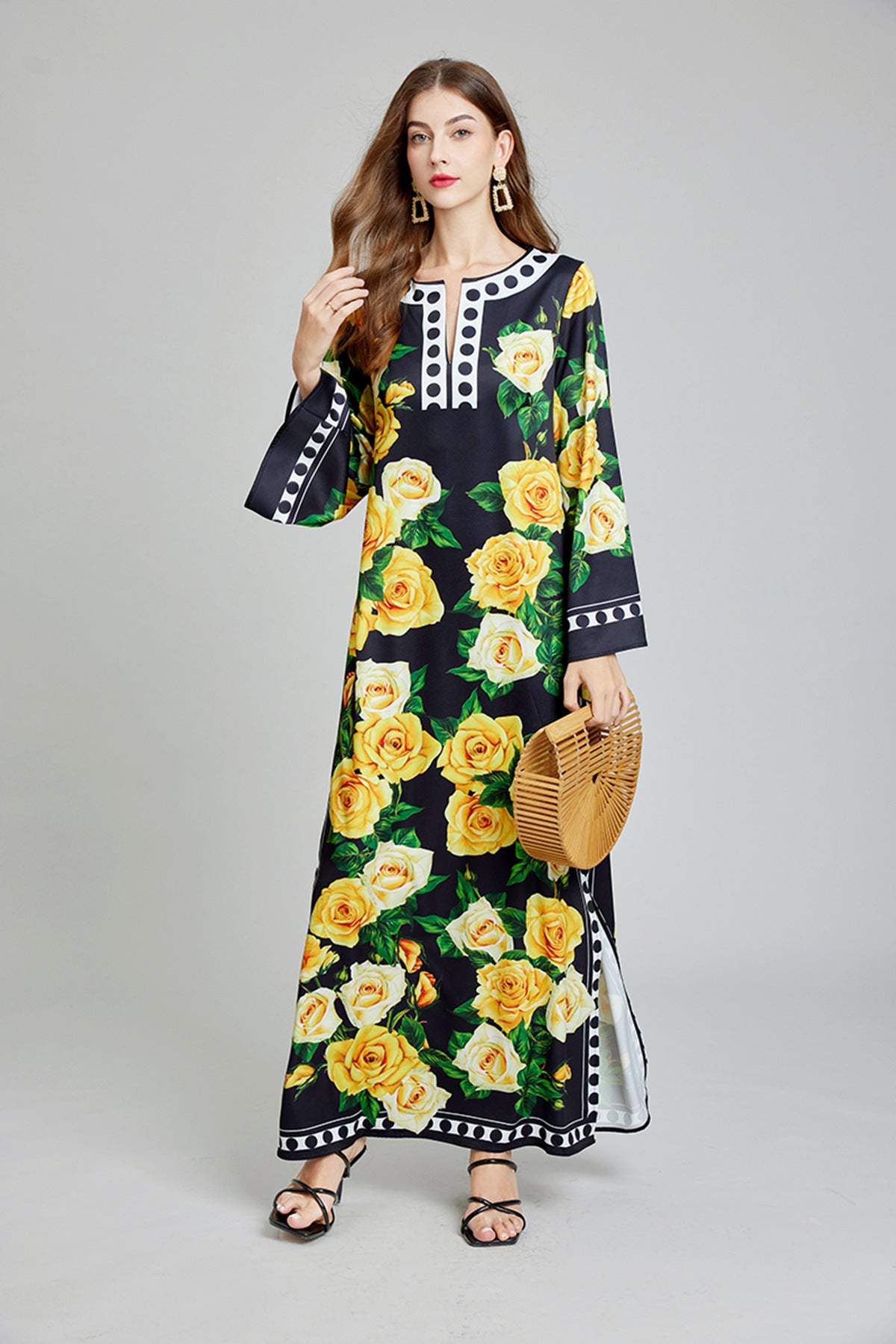 Golden Bloom Kaftan Yellow Dress with Vibrant Yellow Rose Floral Pattern - 818939592219_YEL