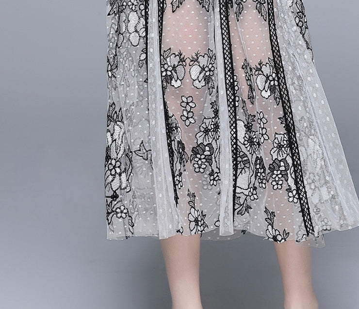 Embroidered Polka Dot Mesh and Lace White Black Dress  - 833884552896_BAS