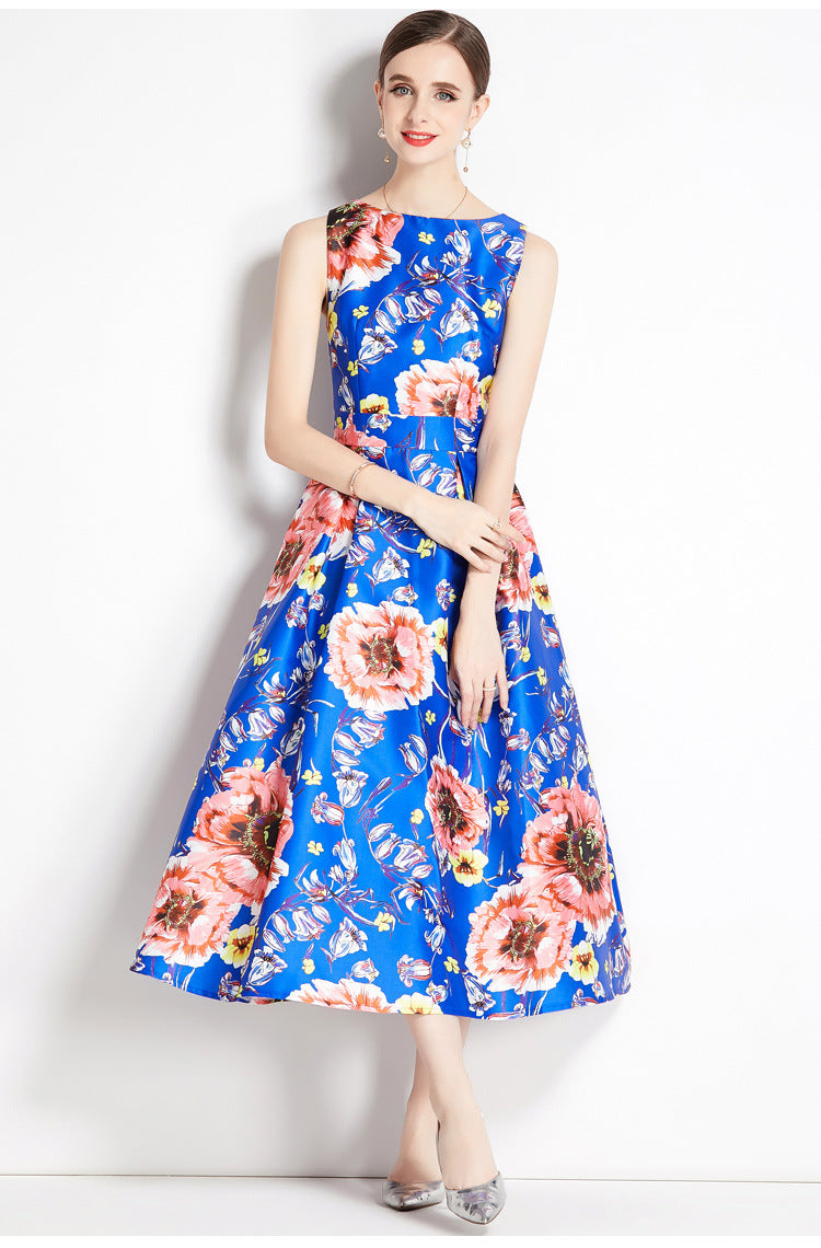 Sleeveless Boat Neck Fitted Vest Box Pleated Skirt Printed Satin Dress - 806#701_BAS