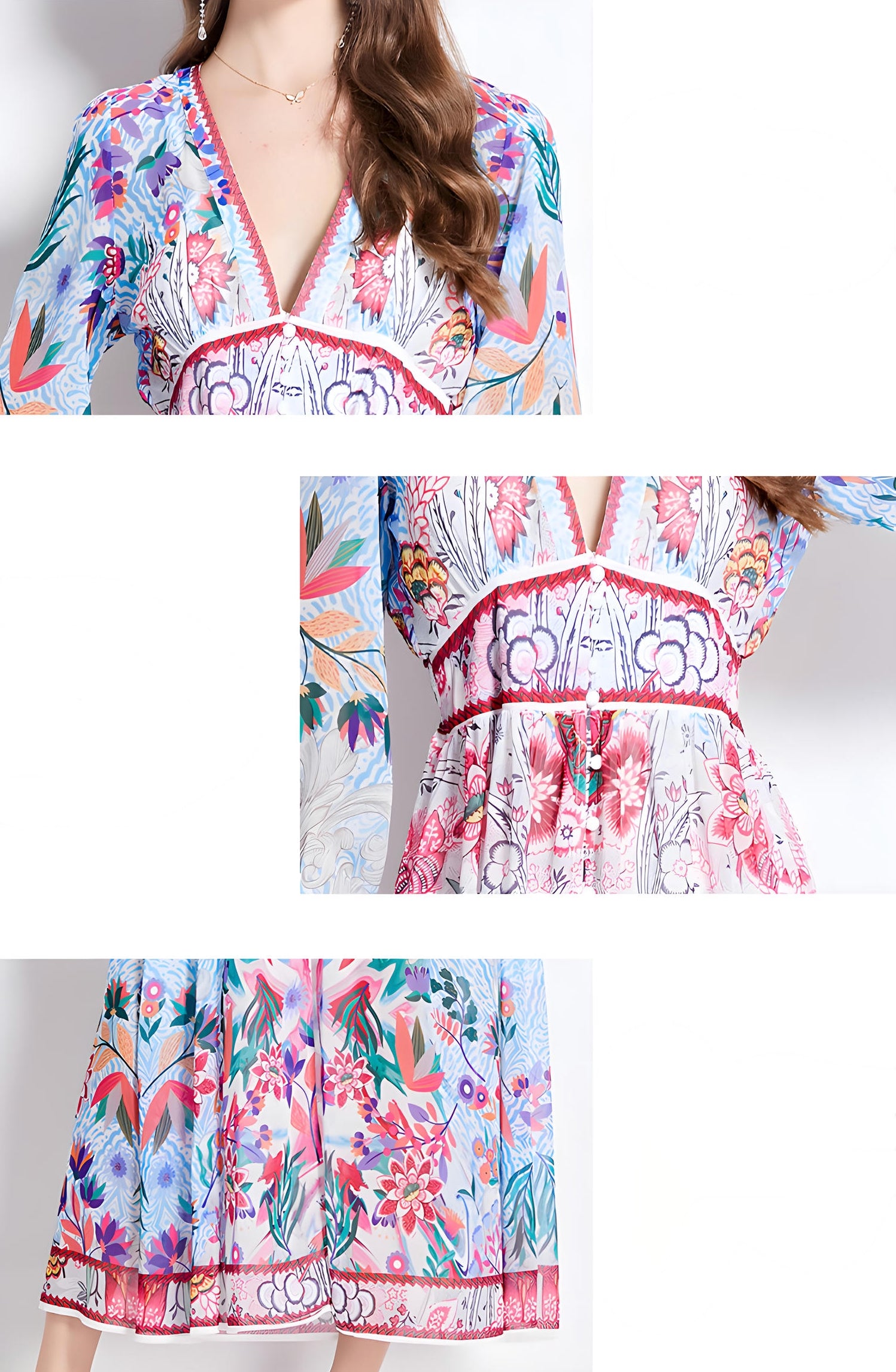 Printed Chiffon Plunging V - Neckline Elasticated Waist Front Split Long Dress - NRJ-720#2494