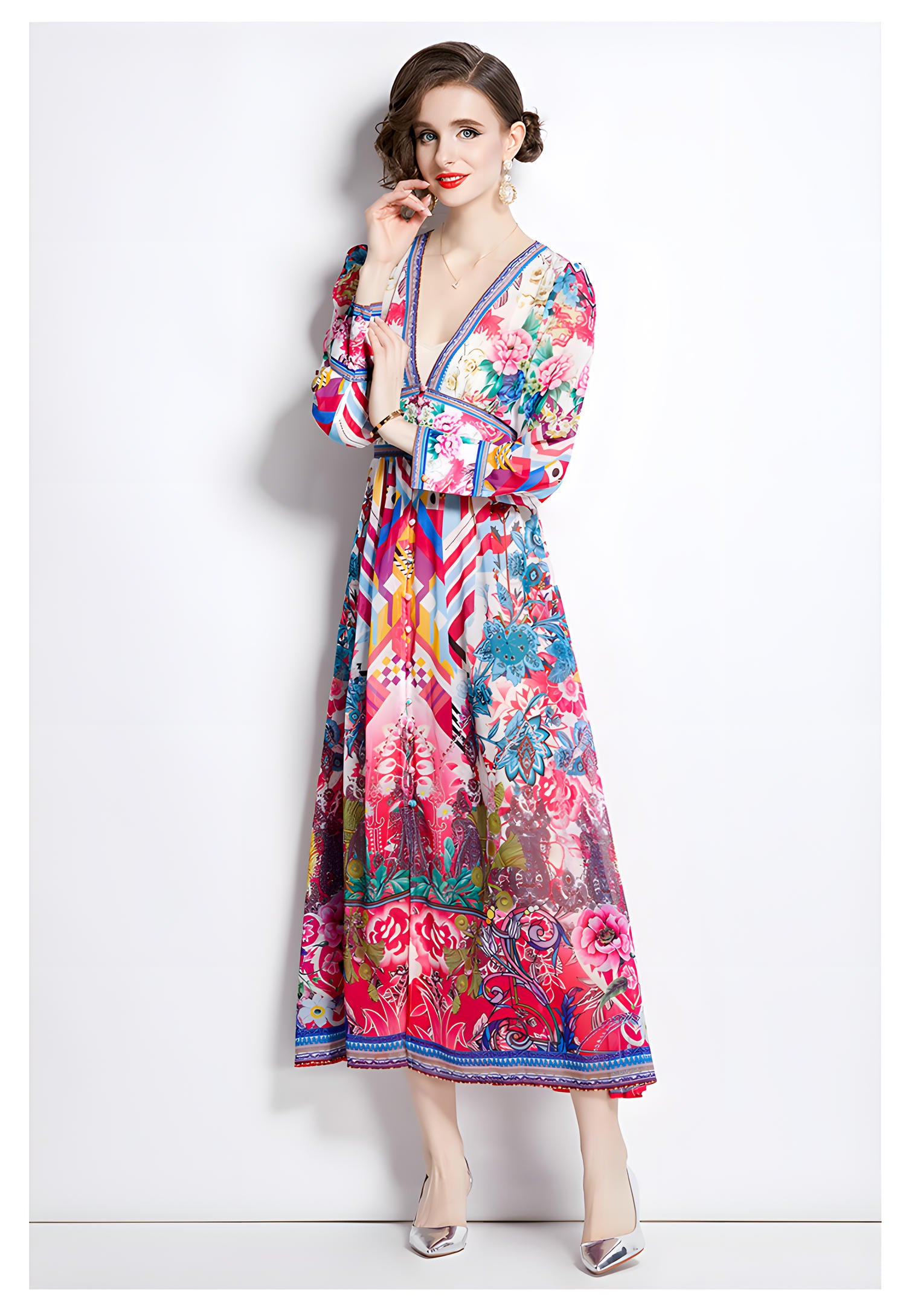 Printed Chiffon Plunging V - Neckline Elasticated Waist Front Split Long Dress - NRJ-720#2495